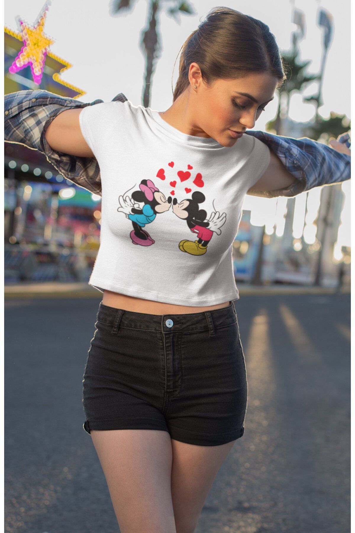 Fuddy Moda Mickey ve Minnie Mouse Baskılı Crop Top, Kalp Baskılı Crop Bluz