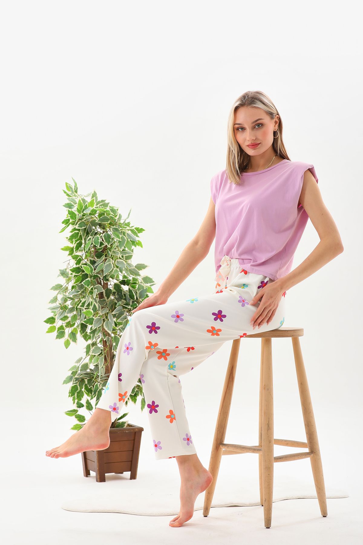 Arvin Pijama Kadın Çiçek Desenli Yumuşak Dokulu interlok Homewear Pijama Altı