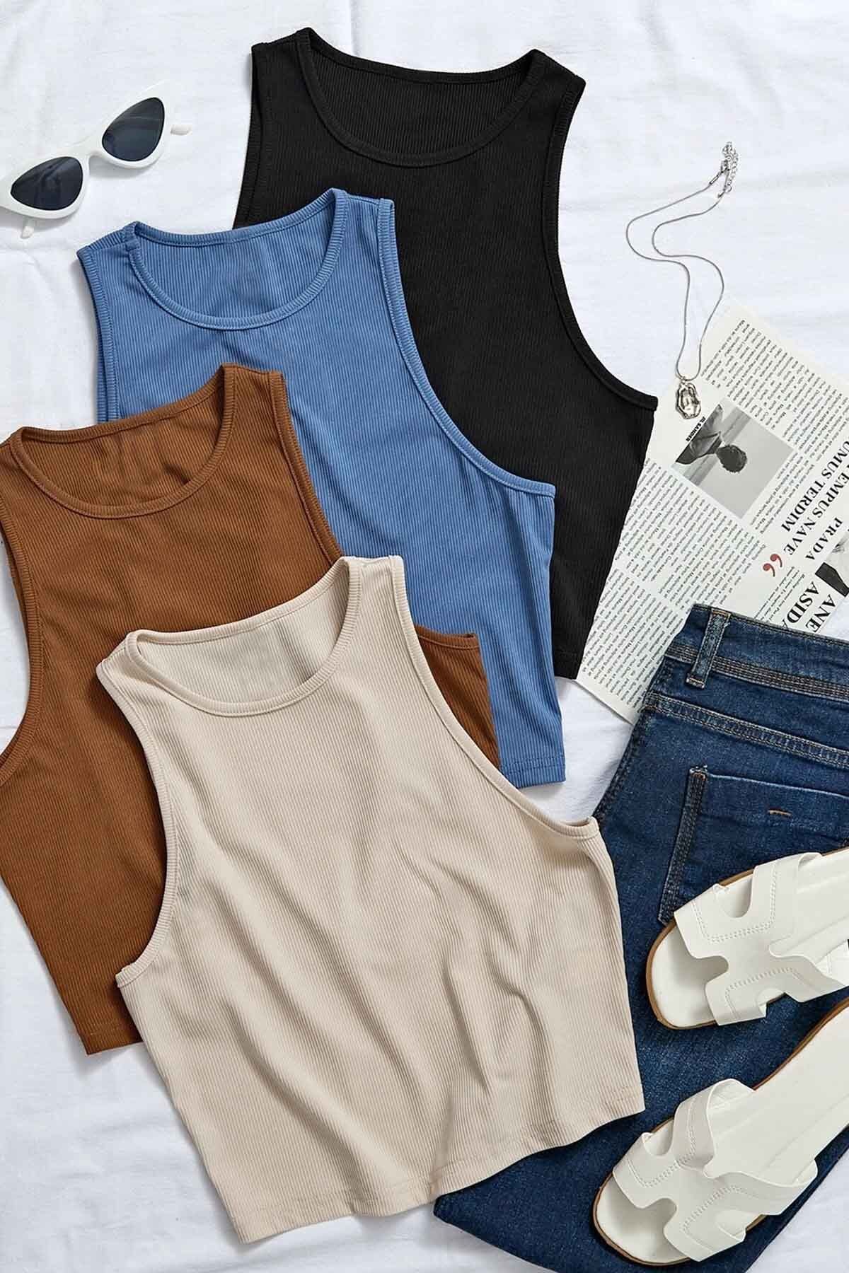 Merry See 4'lü Paket 4 Renk Takım Kadın Kolsuz Örme Kumaş Bluz Crop