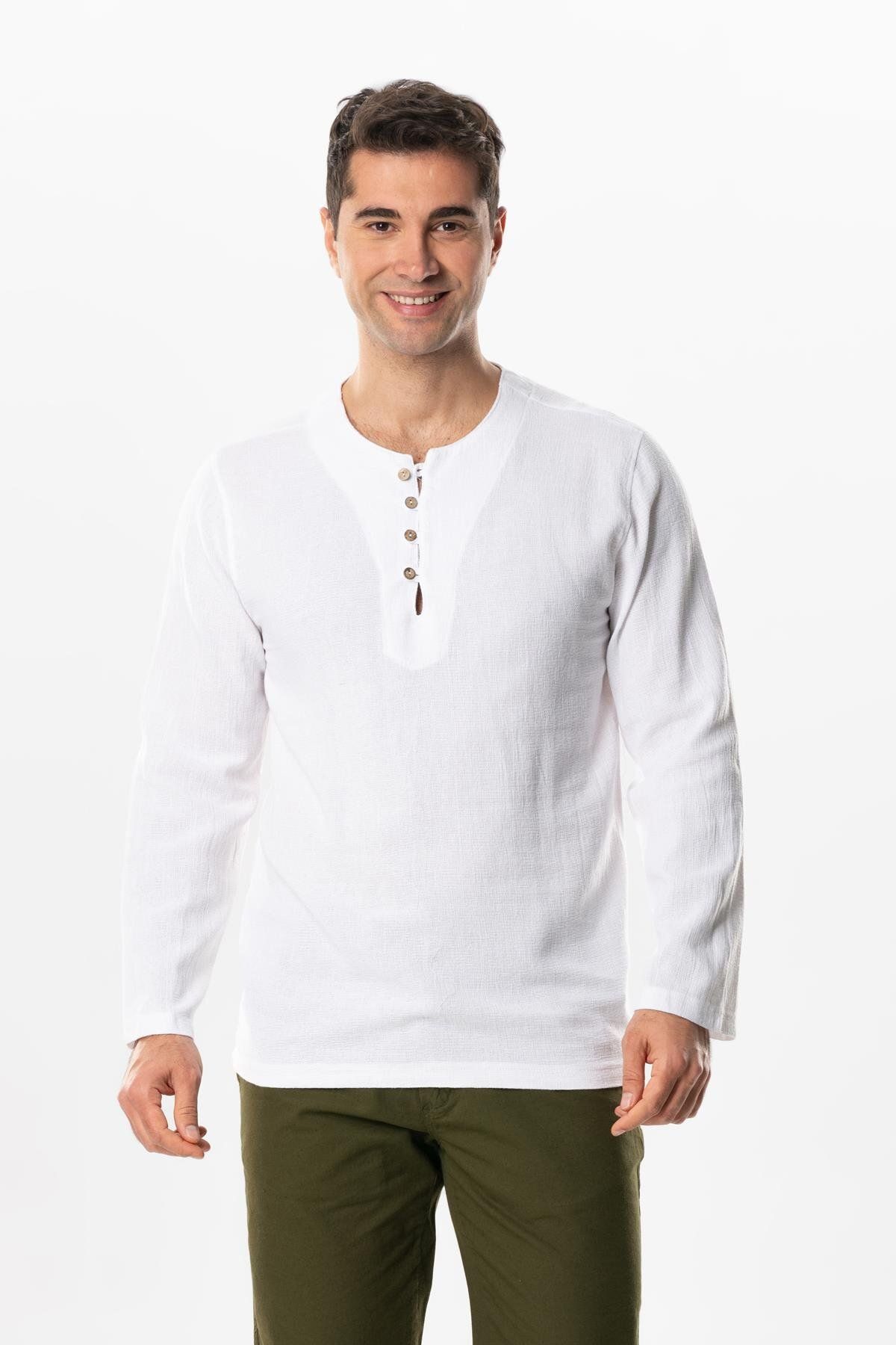 Eliş Şile Bezi Halikarnas Uzun Kol Violet Düğme Detaylı Erkek Yazlık Tshirt Beyaz Byz