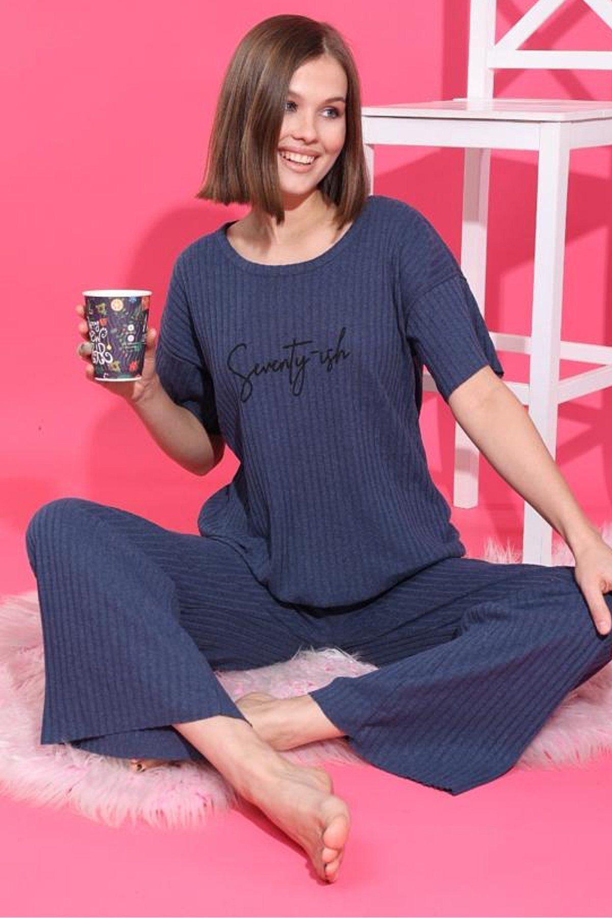 BAF Kısa Kollu Önü Baskılı Fitilli Pijama Takımı