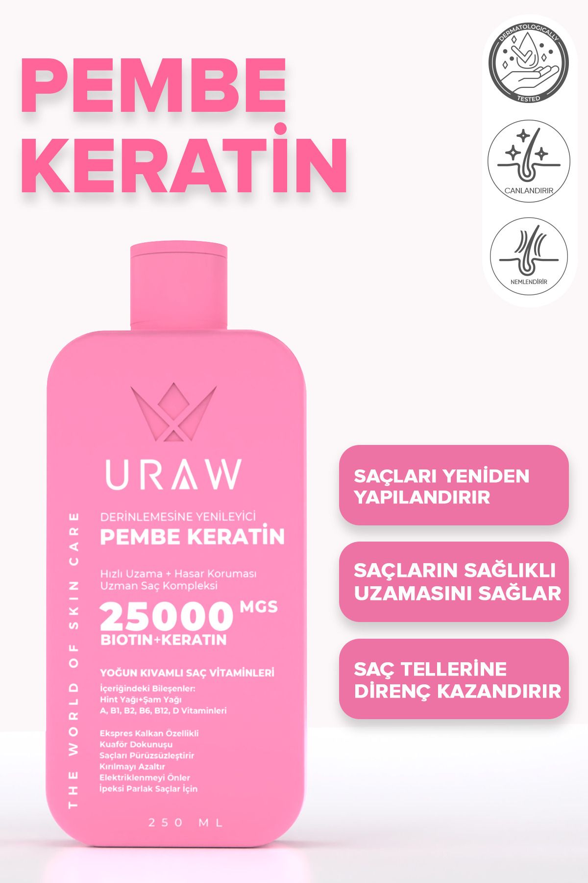 Uraw Pink Keratin ( Nemlendirici, Onarıcı ve Yeniden Yapılandırıcı Saç Bakım Maskesi )