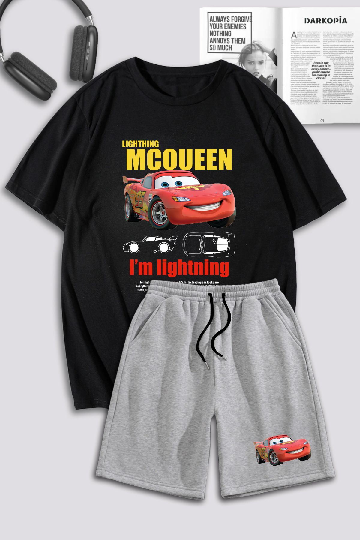 macklin Unisex Kadın Şimşek McQueen Cars Baskılı Özel Tasarım Oversize Tshirt Ve Şort Eşofman Takımı