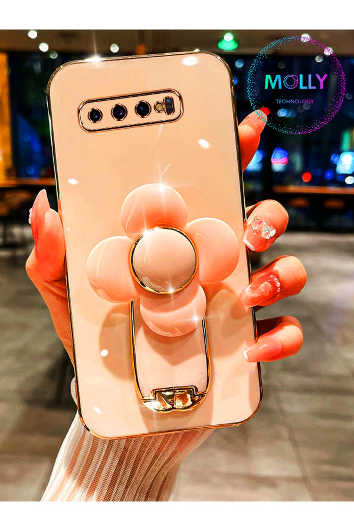 Molly Samsung Galaxy S10 PLUS İçin Rose Şans Yoncası Standlı Kenarları Gold Detaylı Lüks Silikon Kılıf