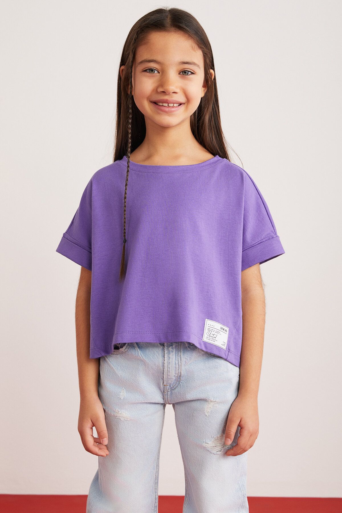 GRIMELANGE Verena Kız Çocuk %100 Pamuk Double Kol Süs Etiketli Mor T-shirt