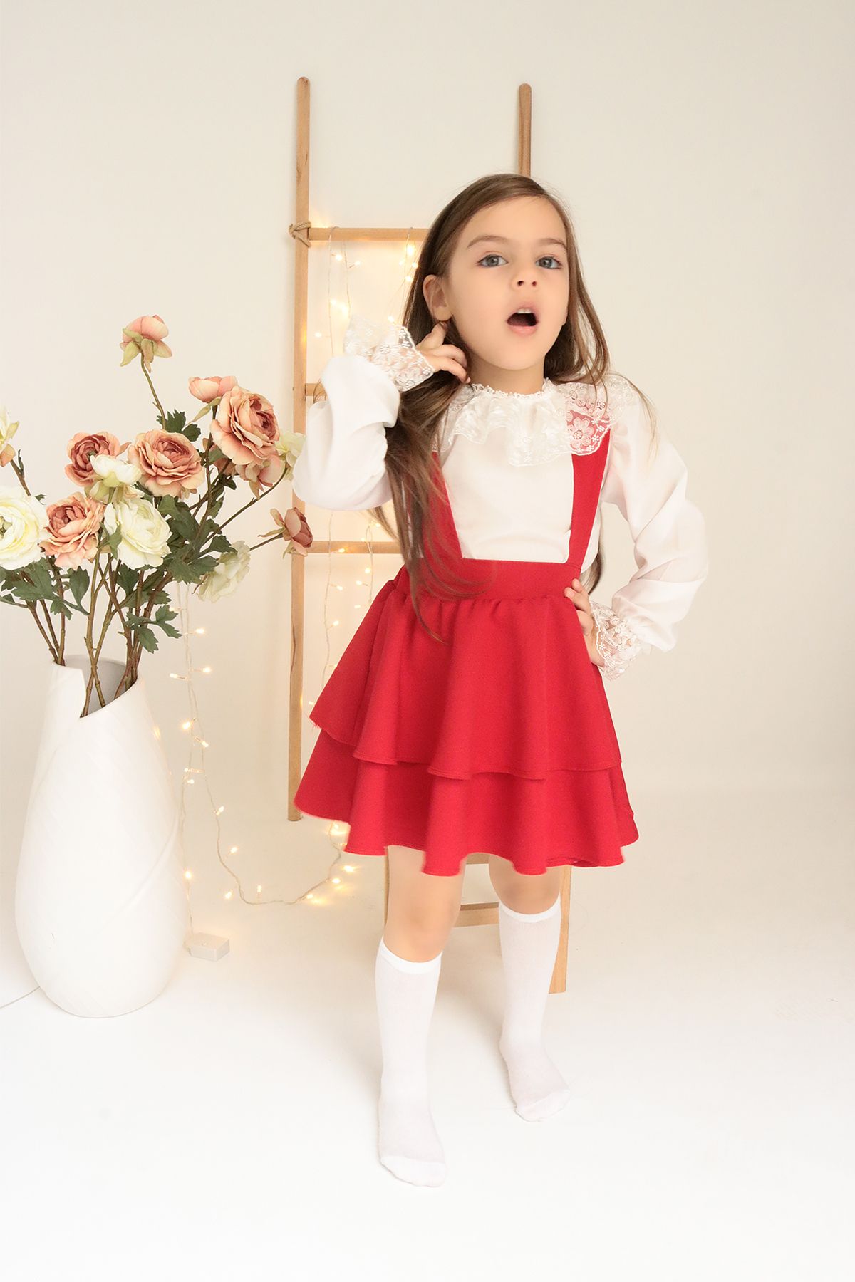 Parla Kids Kız Çocuk Helen Kırmızı Askılı Bağlama Jile 23 Nisan Elbise Dantel Detay Uzun Kollu Bluz Abiye Takım