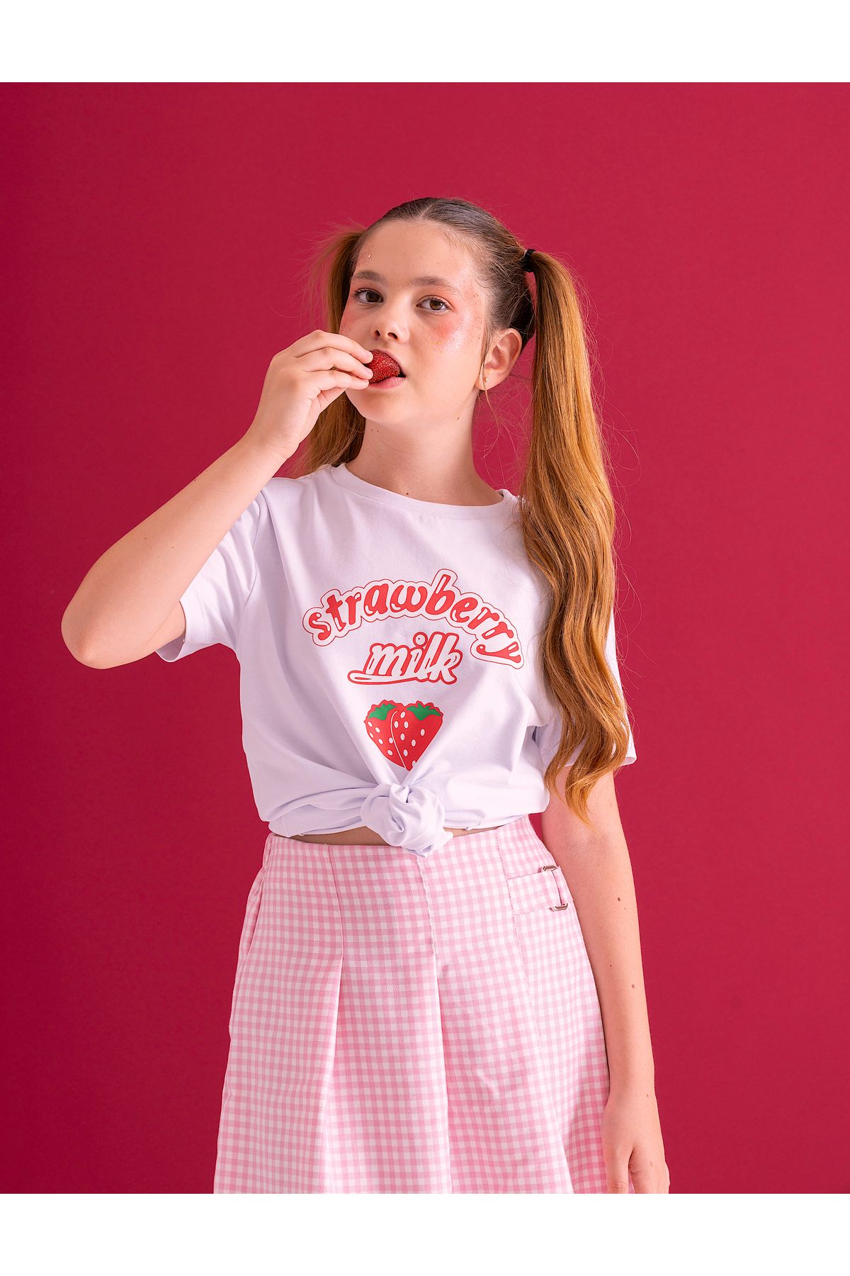 GOSER Strawberry Milk Baskılı Beyaz Kız Çocuk T-shirt
