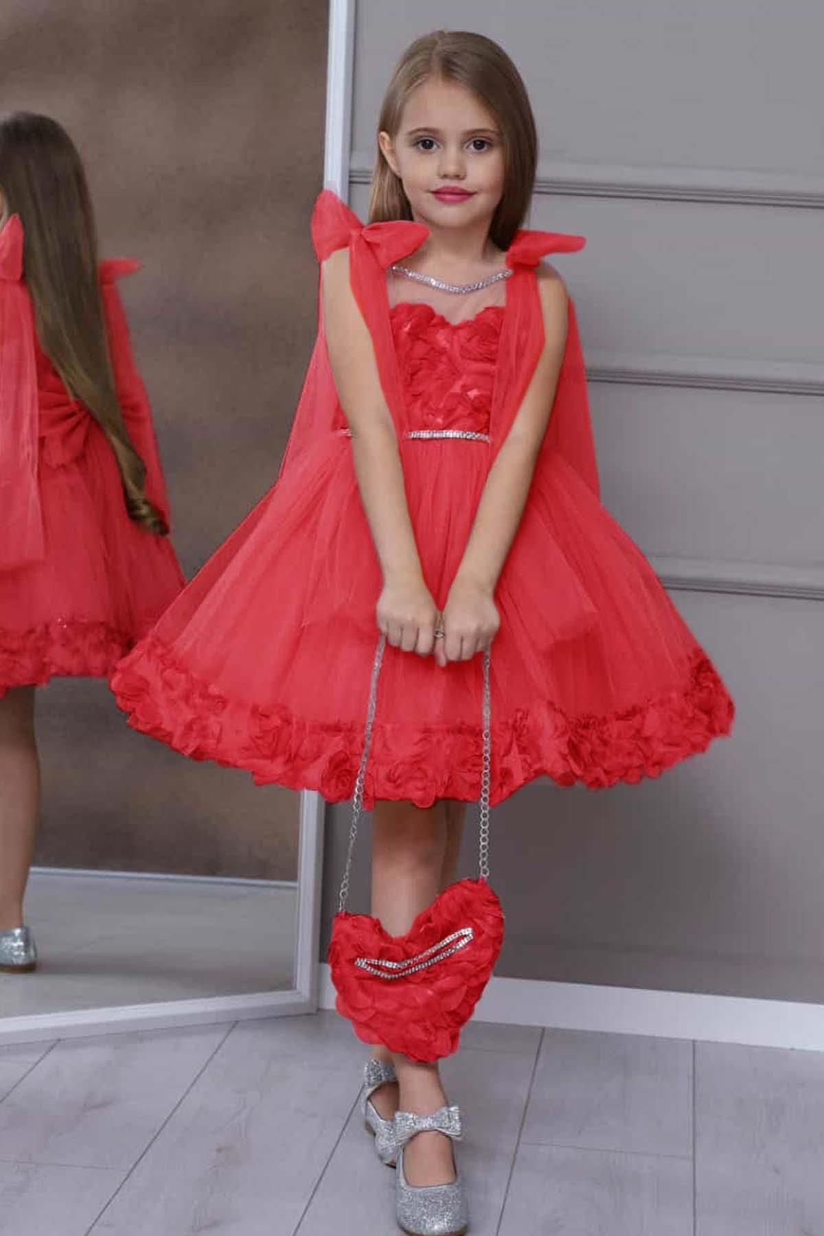 Riccotarz Kız Çocuk Yakası Transparan Detaylı 3D Çiçek İşlemeli Kırmızı Elbise