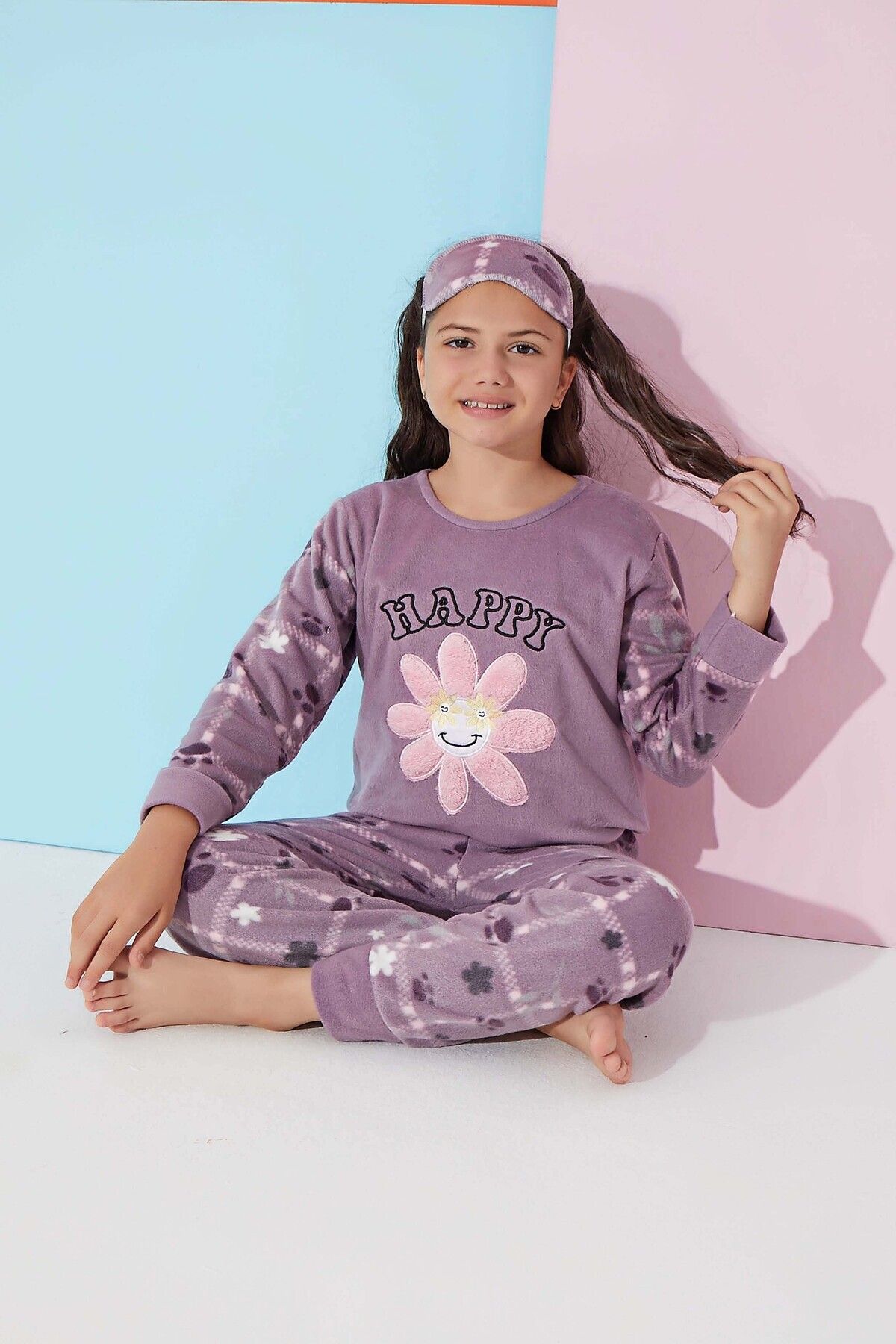 Meba Kız Çocuk Gez Boy Papatya Desen Peluş Polar Pijama Takımı Uyku Bandı Hediyeli