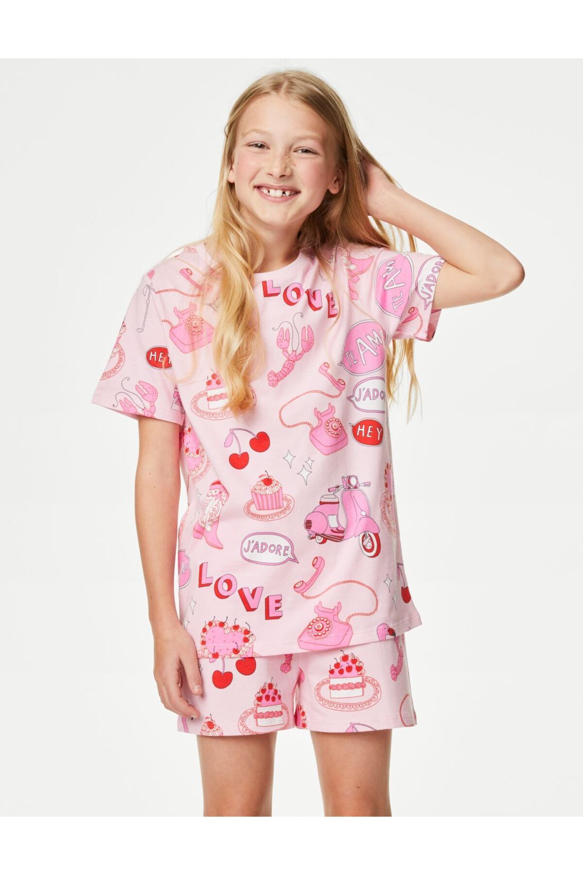 Marks & Spencer Saf Pamuklu Kalp Desenli Pijama Takımı (7-14 YAŞ)