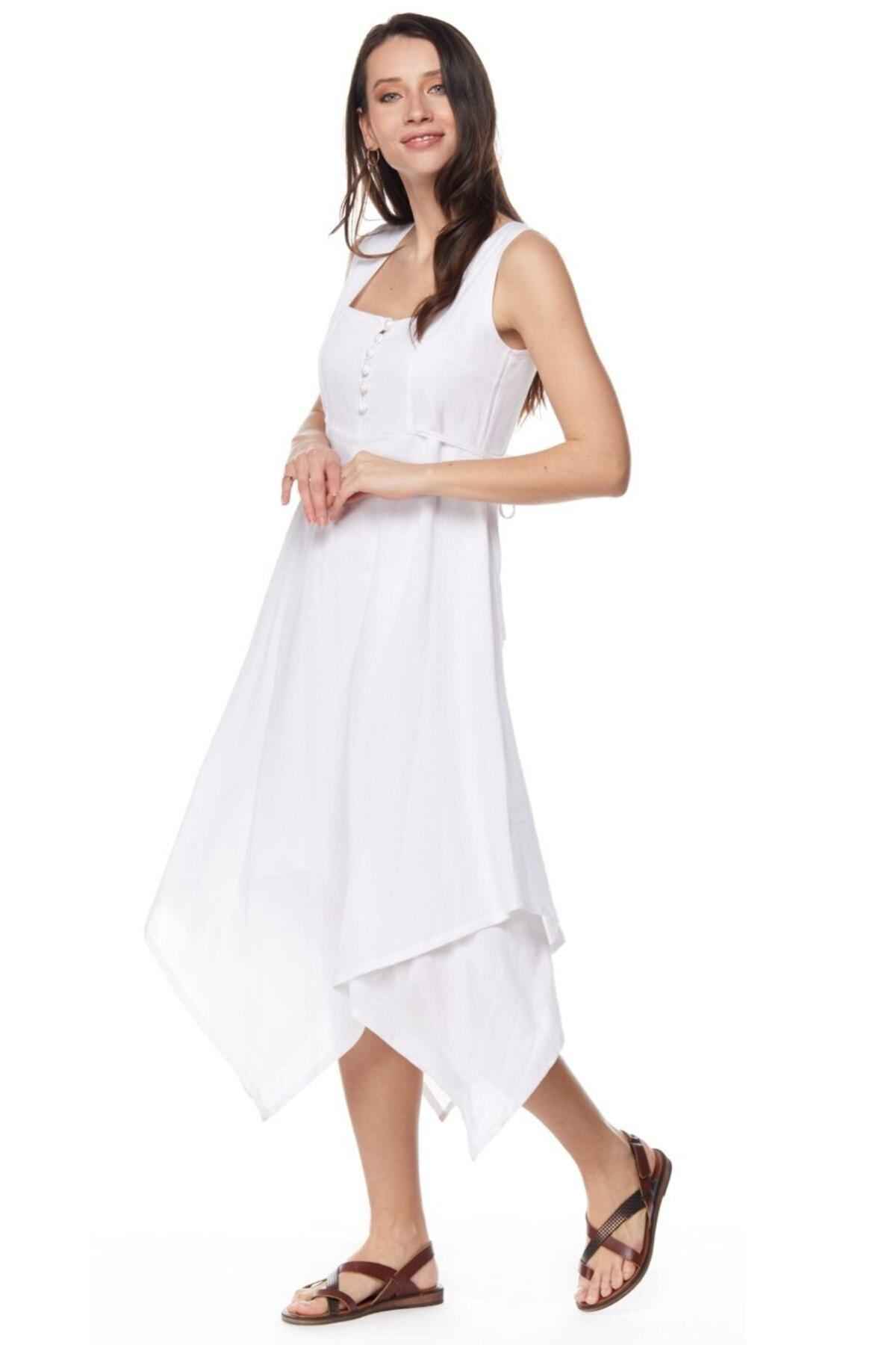Newbutix Şile Bezi Beyaz Asimetrik Düğmeli Ilkbahar Ve Yaz Elbise