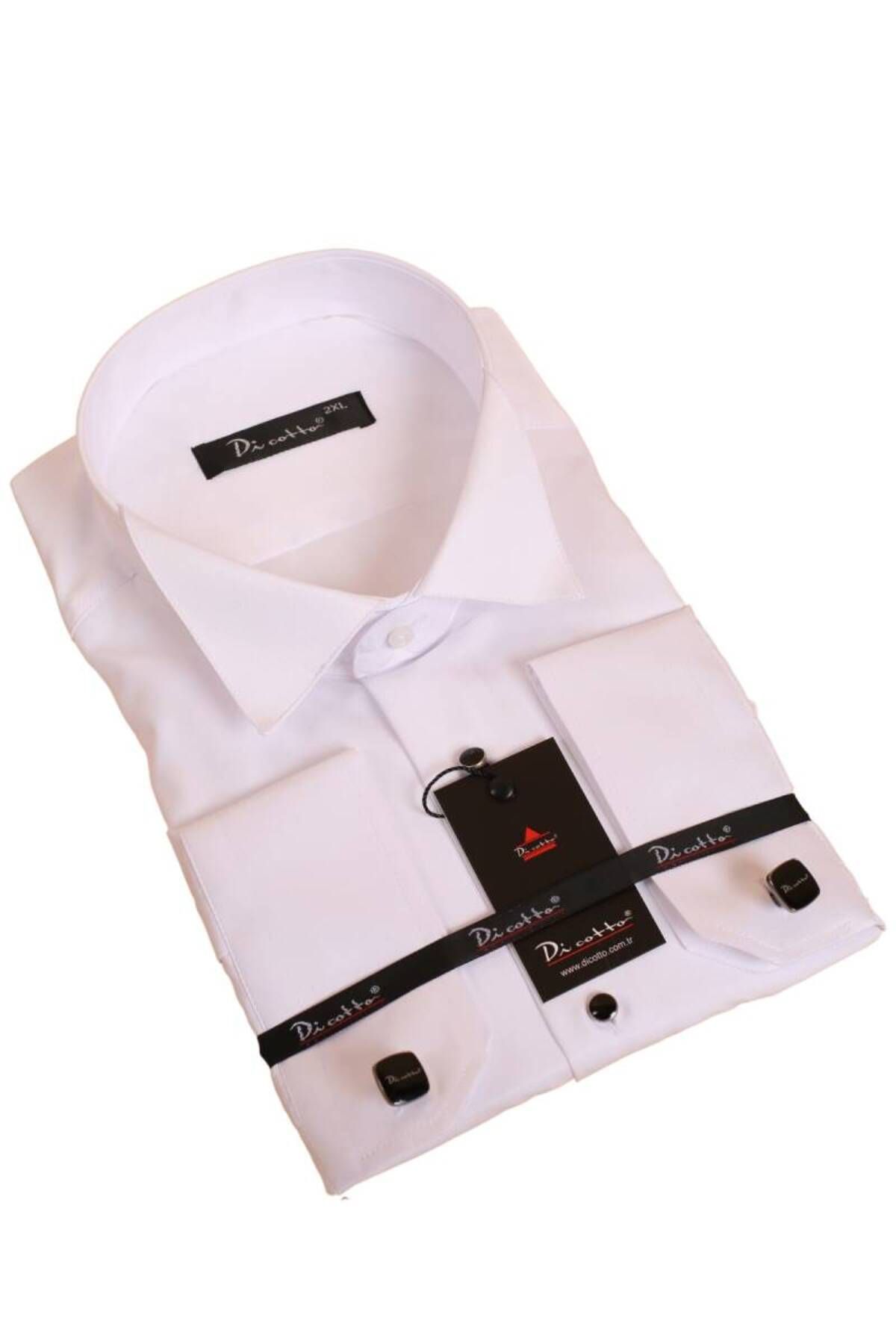 Dicotto Beyaz Büyük Beden Siyah Taş Düğmeli Damatlık Ata Yaka Kol Düğmeli Slim Fit Smokin Gömlek - 090