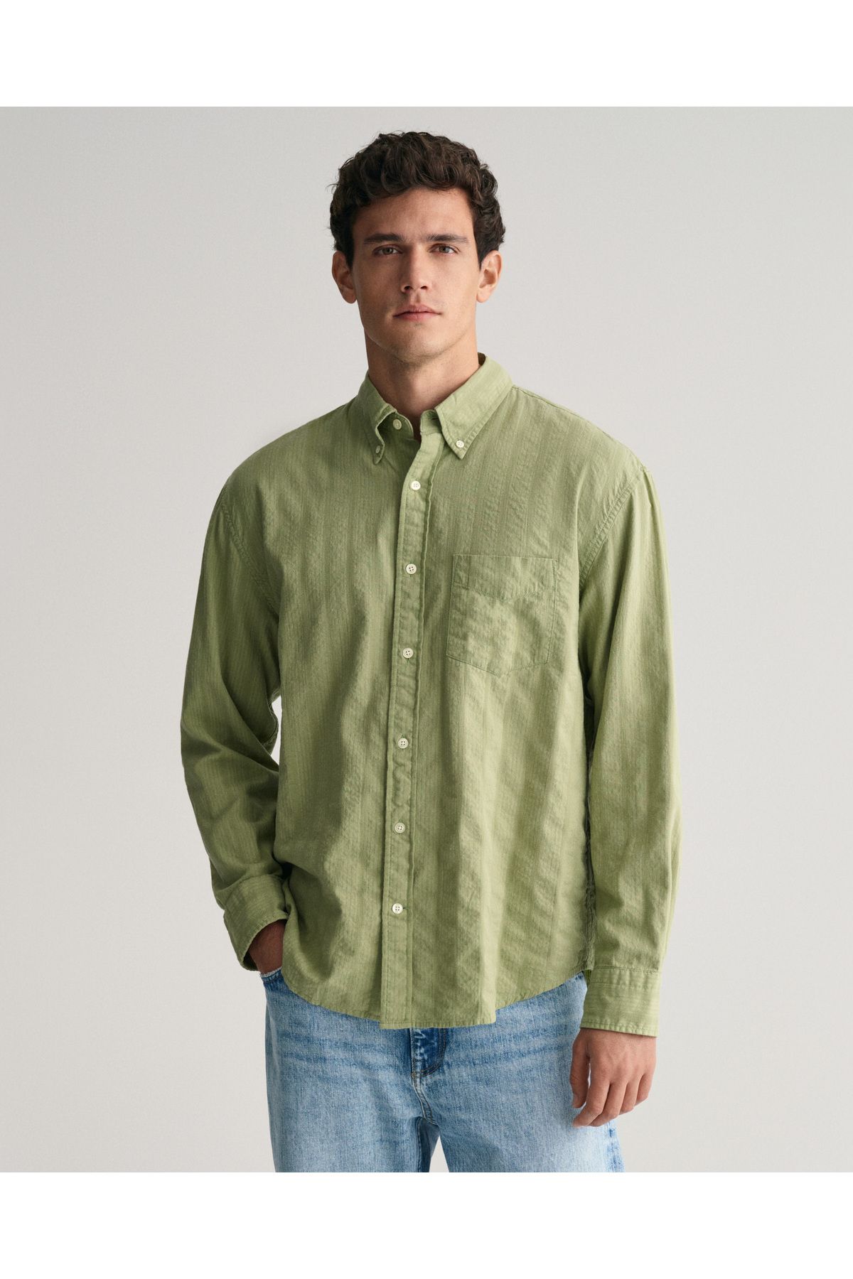 Gant Erkek Yeşil Relaxed Fit Düğmeli Yaka Çizgili Gömlek
