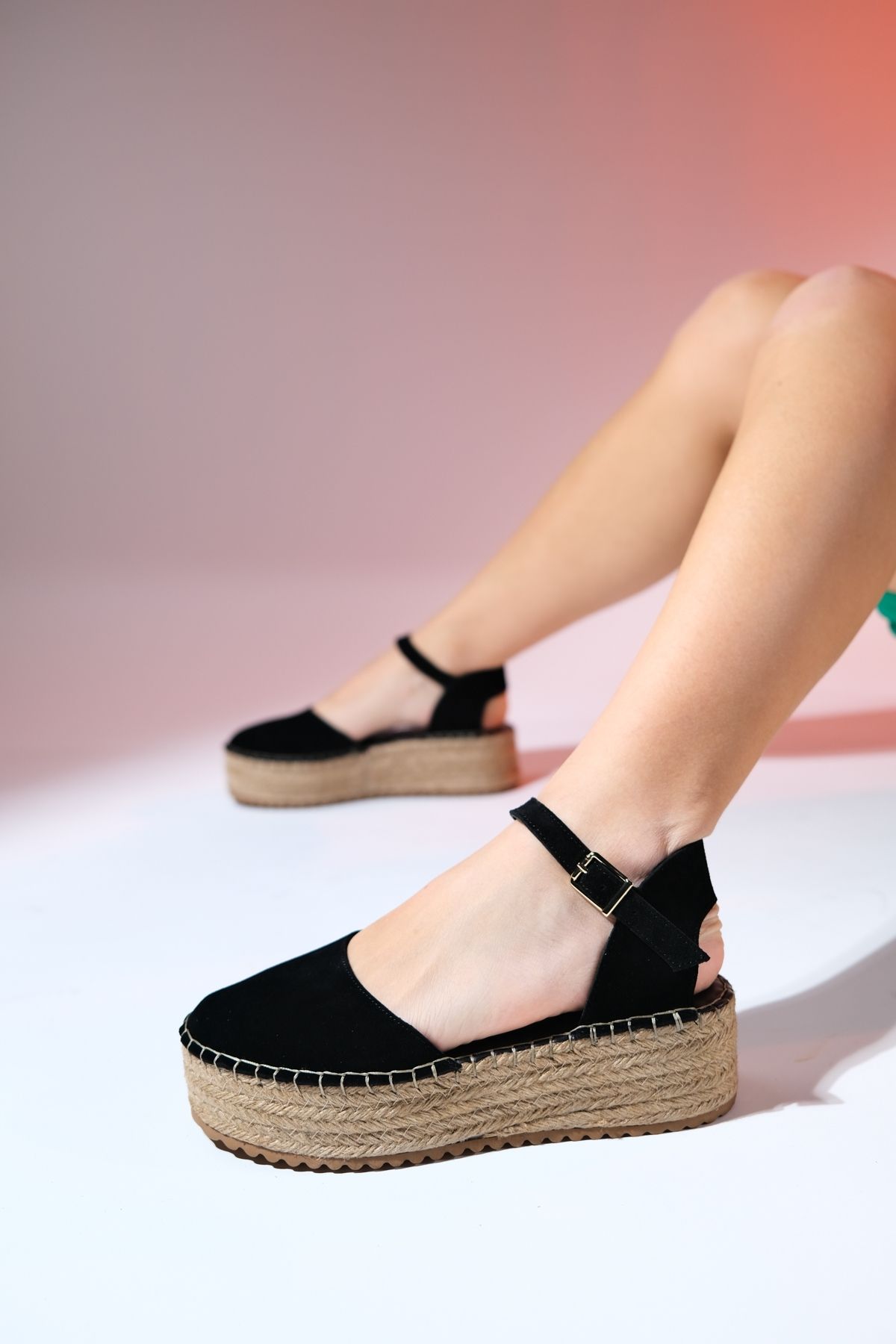 luvishoes VİBA Siyah Süet Hakiki Deri Kadın Hasır Dolgu Taban Sandalet