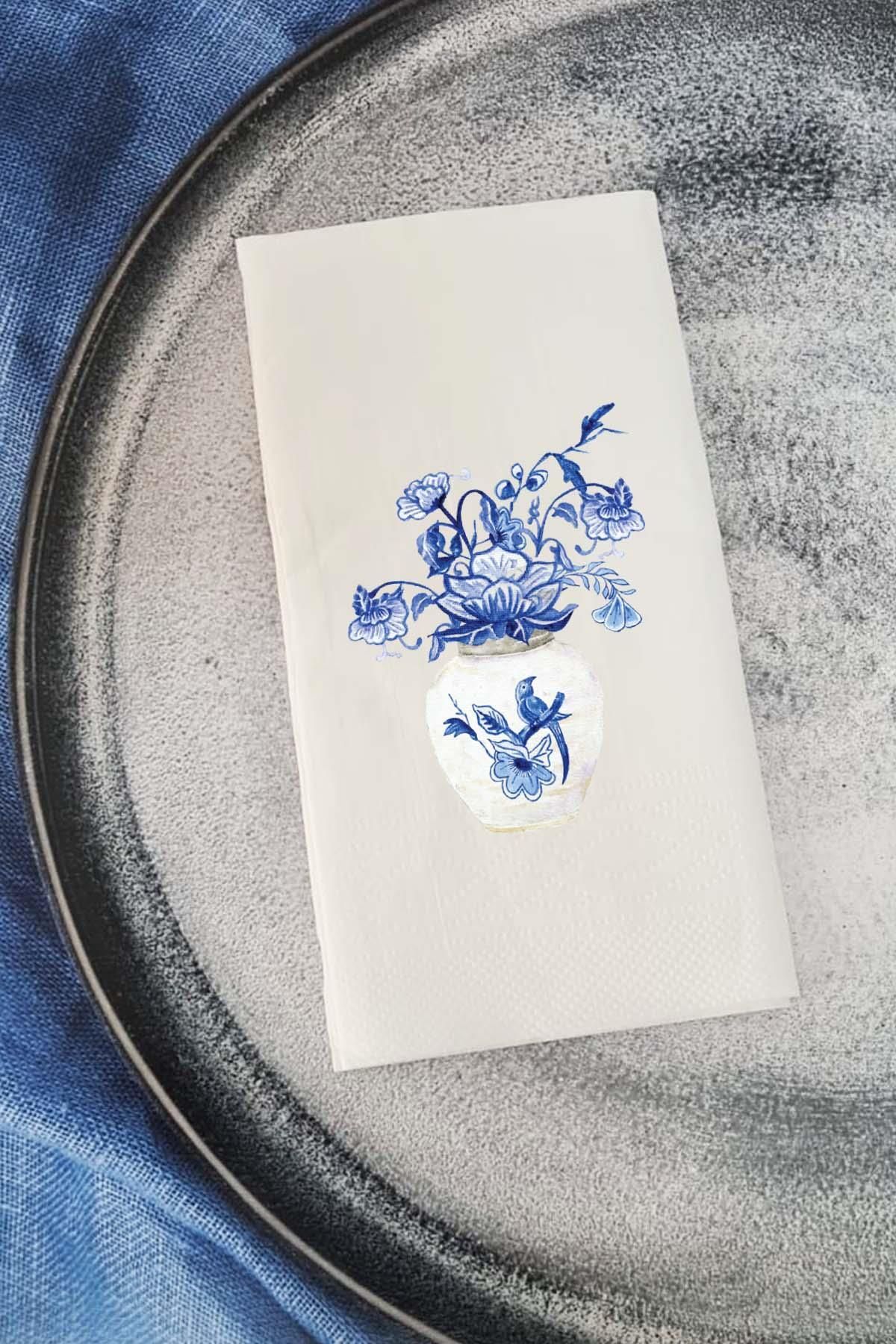 PEKSHOP Bleu Blanc Mavi Çiçekli Konuşan Peçete Sunum Peçetesi