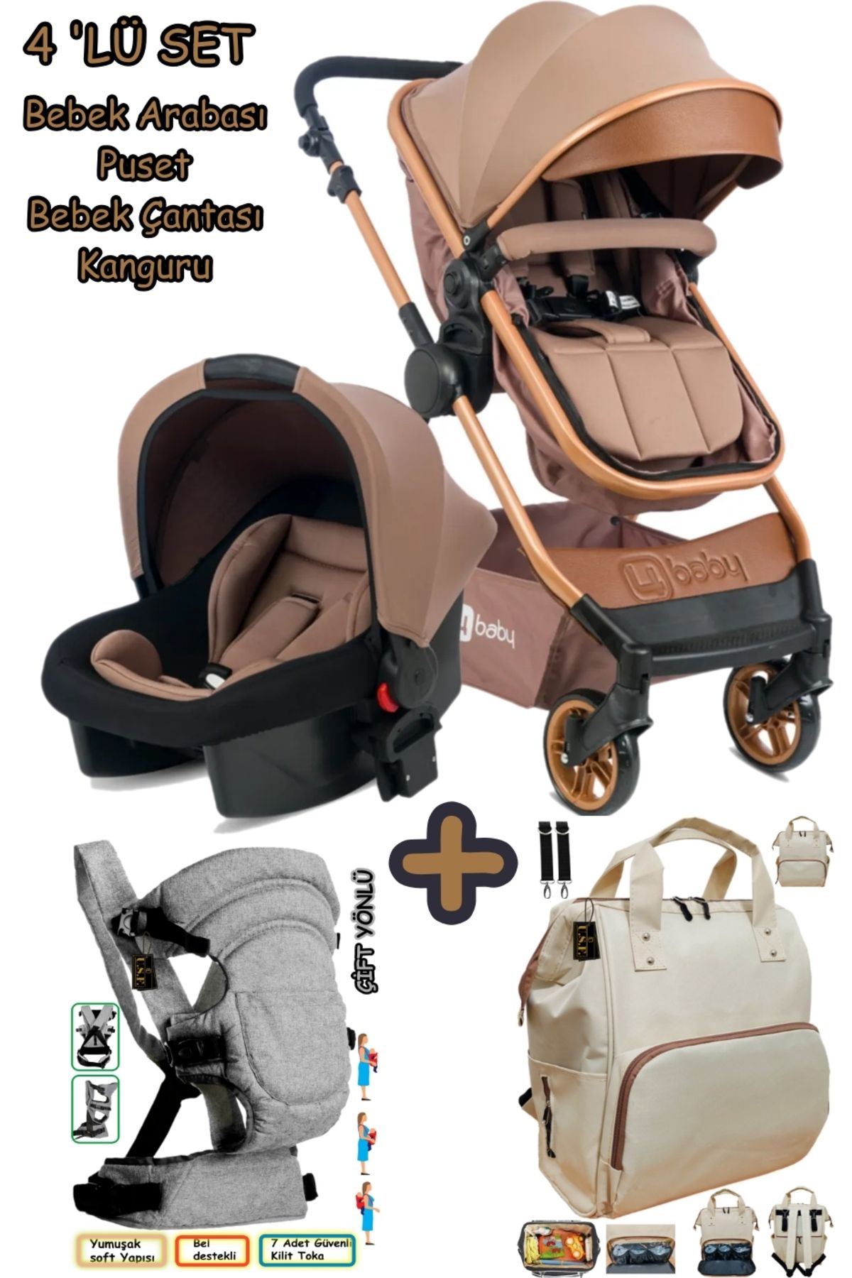 4 Baby Bebek Arabası ve Bebek Bakım Çantası ve Kanguru Bebek Çeyiz Seti
