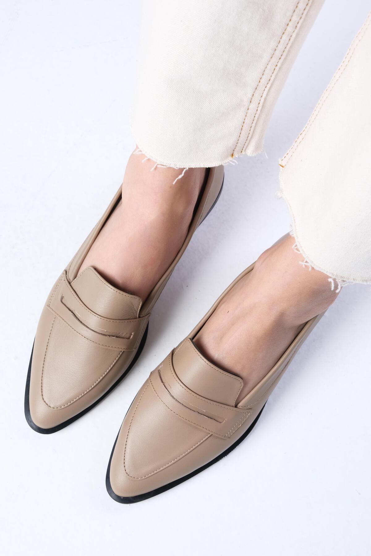 Mio Gusto River Hakiki Deri Vizon Renk Kadın Loafer Günlük Düz Ayakkabı