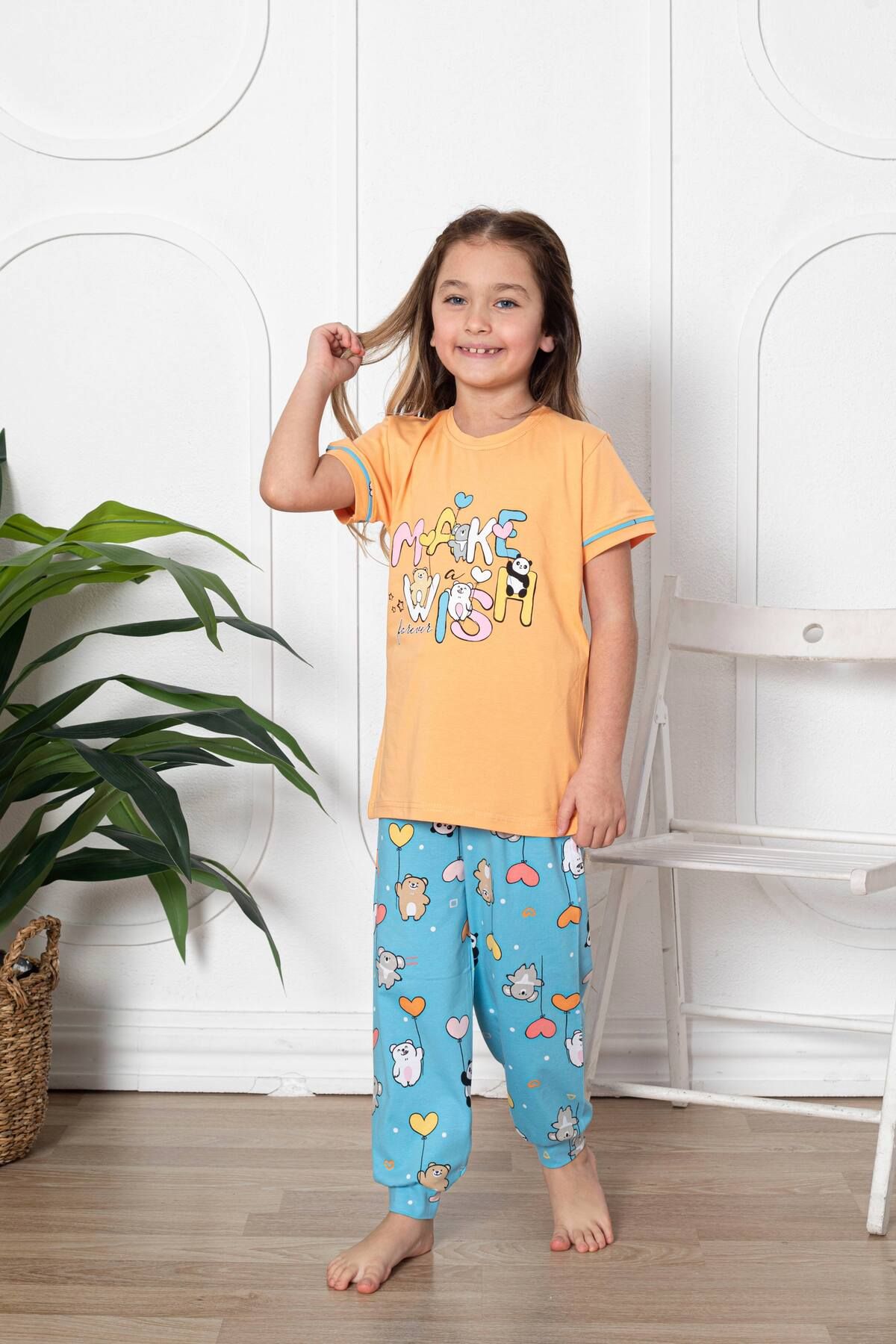 Meba Kız Çocuk Gez  Boy Turuncu Make Wısh  İnterlok Penye Pijama Takımı