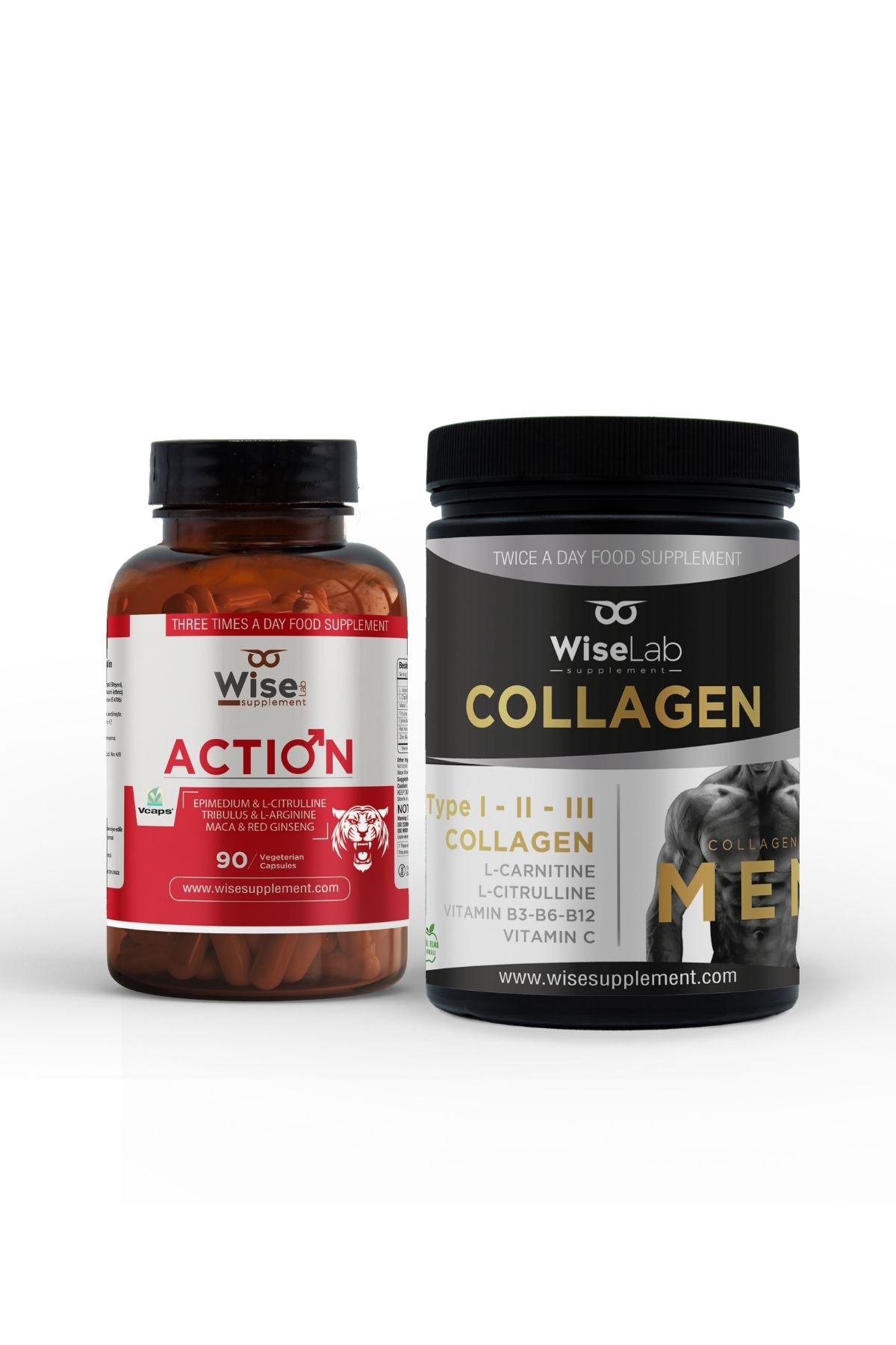 WiseLab Wise® Action 90 Bitkisel Kapsül ve Men Collagen Tip 1, Tip 2, Tip 3 L-carnitine L-citrulline 300gr