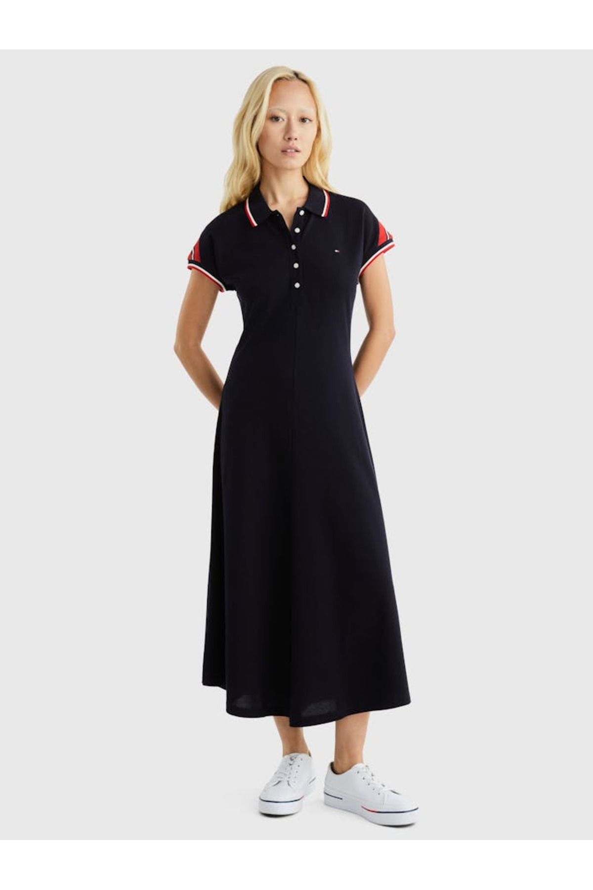 Tommy Hilfiger Kadın Midi Boy Kolu Renk Detaylı Gömlek Yaka Düğmeli Lacivert Elbise WW0WW41269-DW5