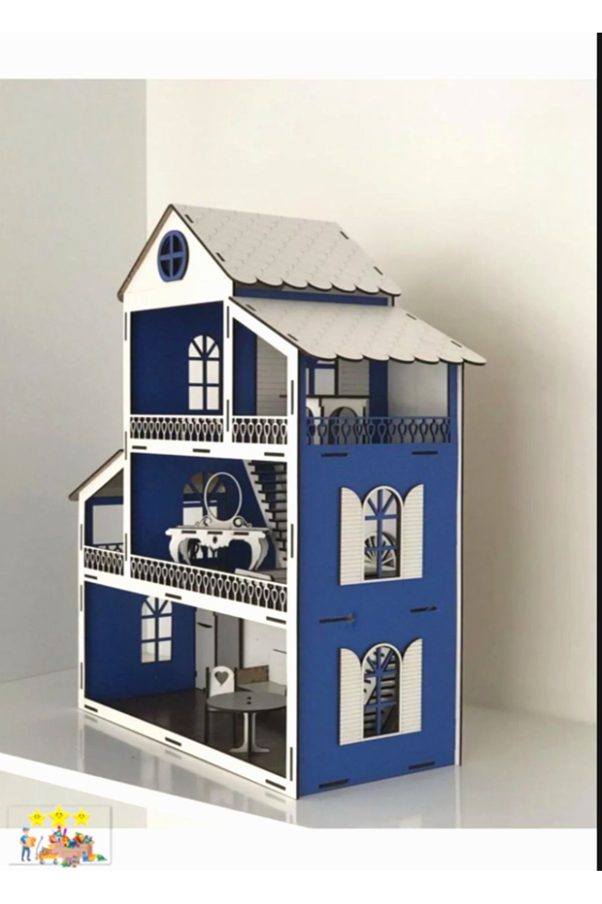 Genel Markalar Eğitici Oyuncaklar Çocuk Gelişim Oyuncakları Dekoratif Ahşap Oyuncak Ev 60 cm Mavi