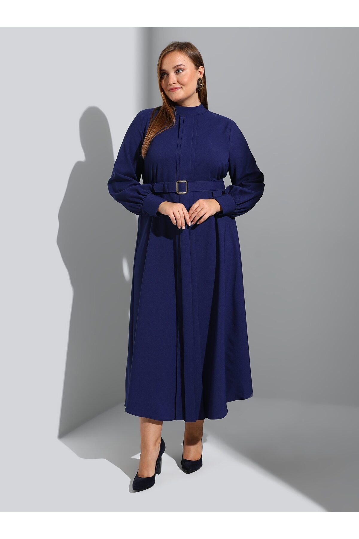 Alia Kemer Detaylı Büyük Beden Elbise - Lacivert - Alia