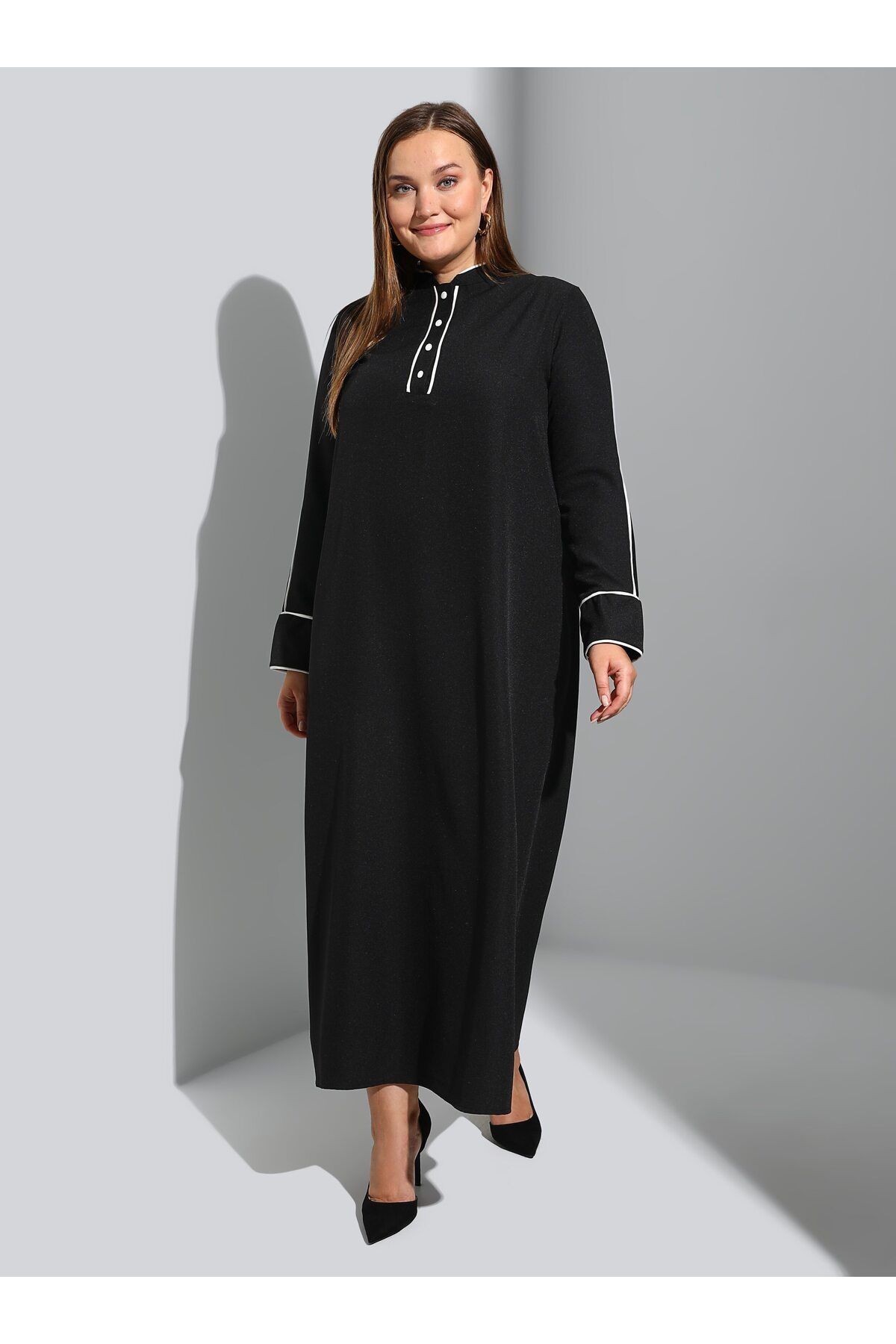 Alia Büyük Beden Biye Detaylı Tesettür Elbise - Siyah - Alia