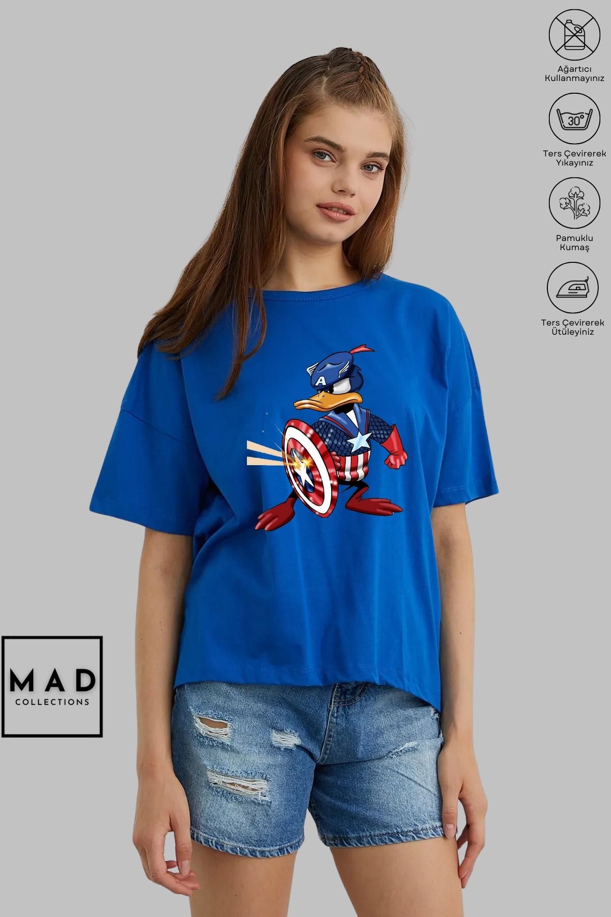 MAD COLLECTİON MAD COLLECTIONUnisex OversizeBisikletYaka PamukDonald Duck Captain America Baskılı Kısa Kollu Tişört
