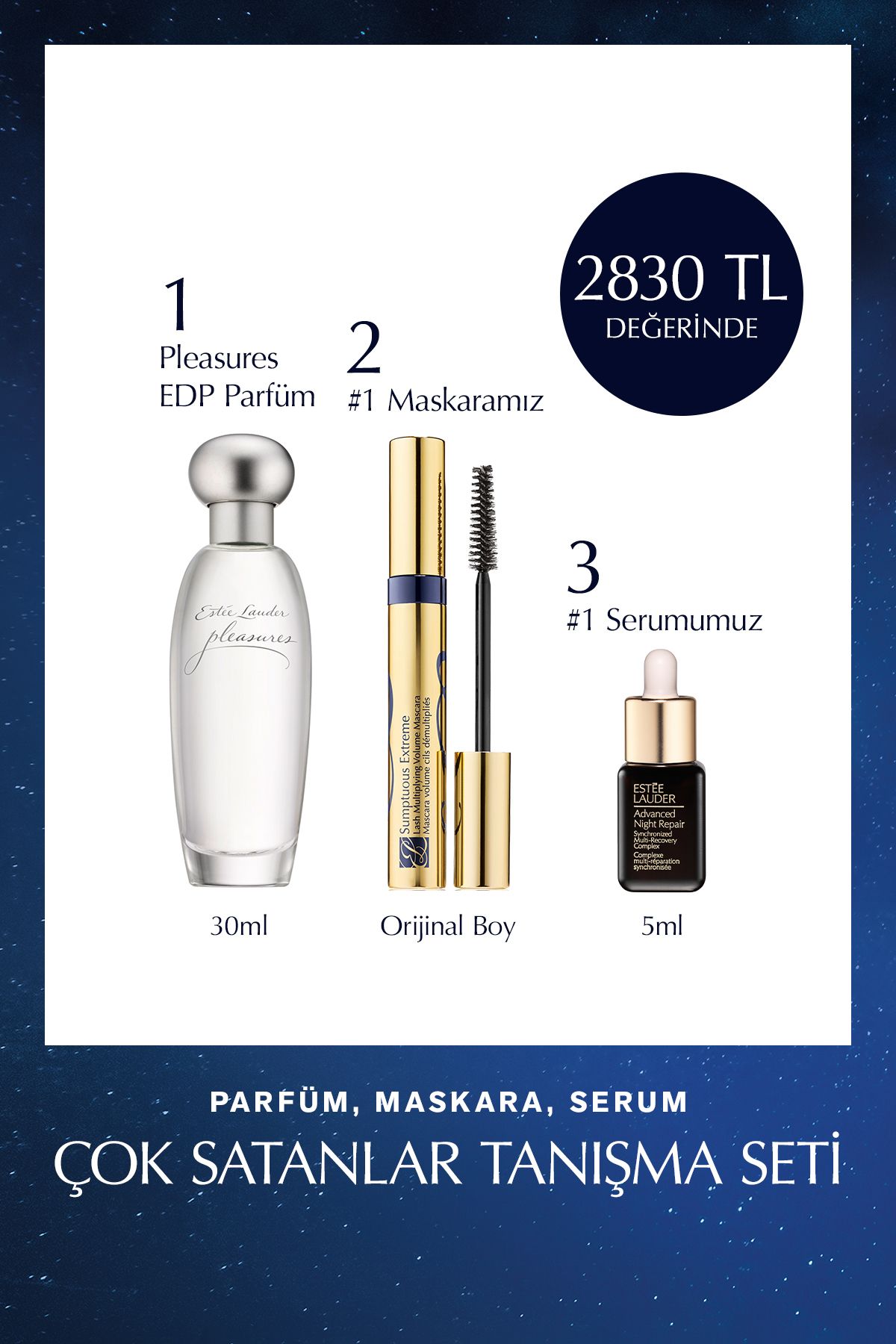 Estee Lauder Tanışma Seti - Pleasures EDP Parfüm 30ml, Maskara 8ml, Advanced Night Repair Serum 7ml