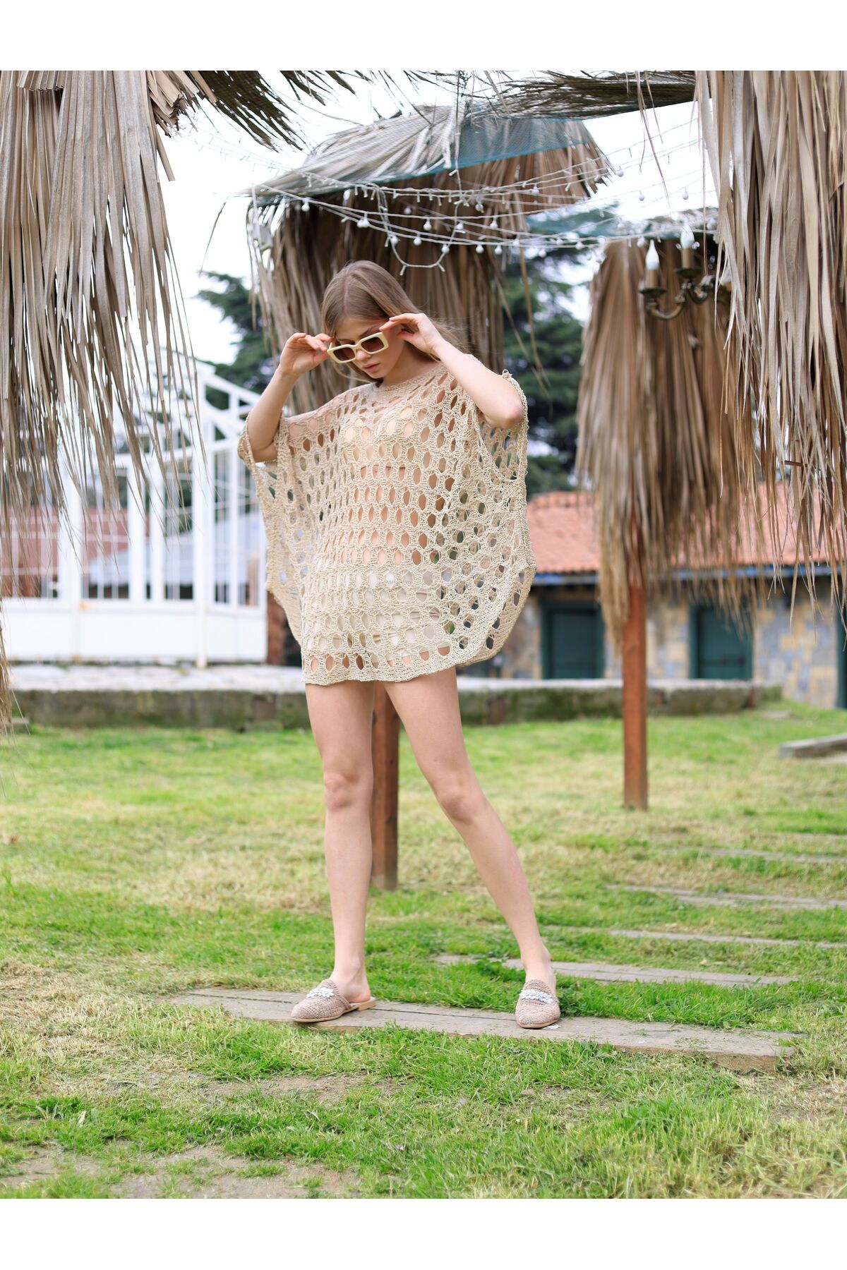 DRESSY CL Yarasa Kol Lase İp Ajurlu Model Kayık Yaka Şal Oversize Plaj Elbisesi