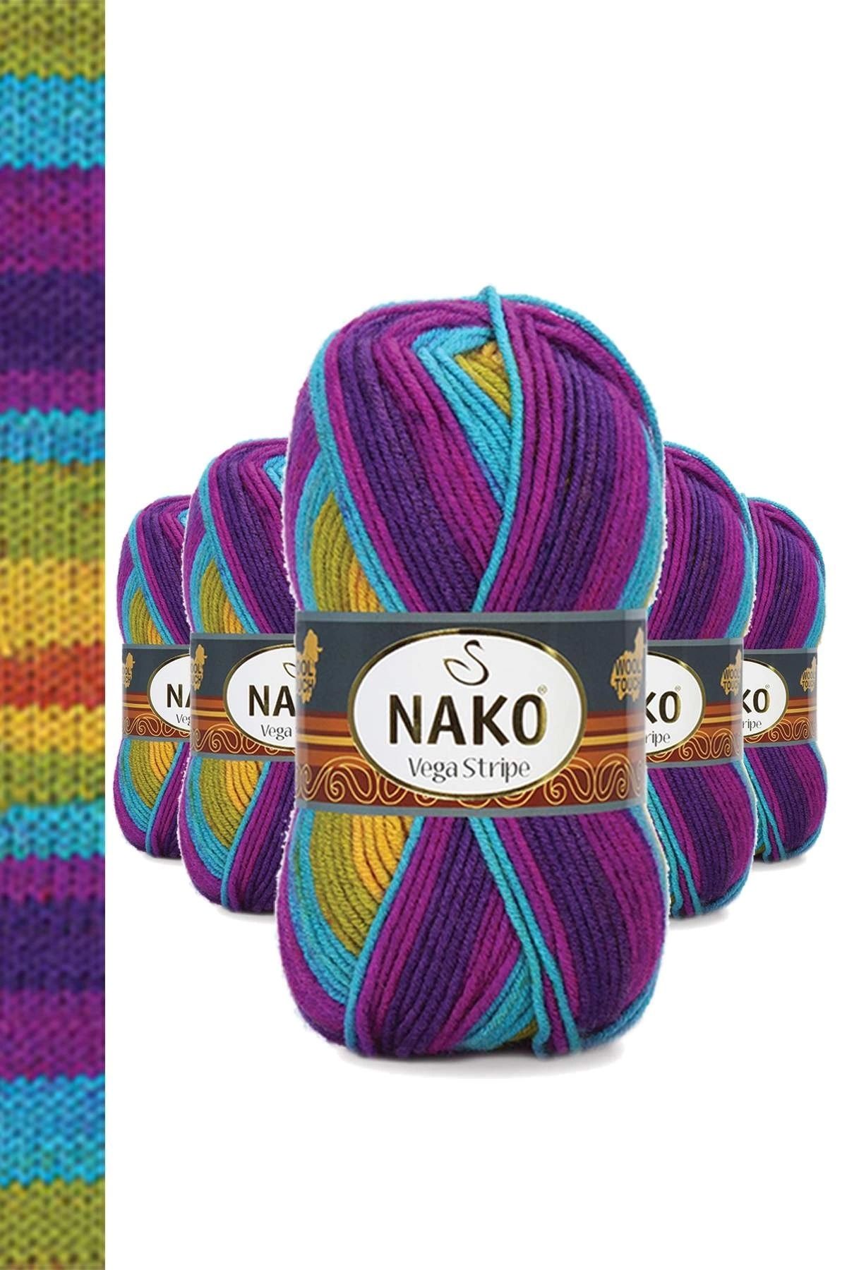 Nako 5 Adet Vega Stripe Premium Akrilik El Örgü Ipi Yünü No: 82410