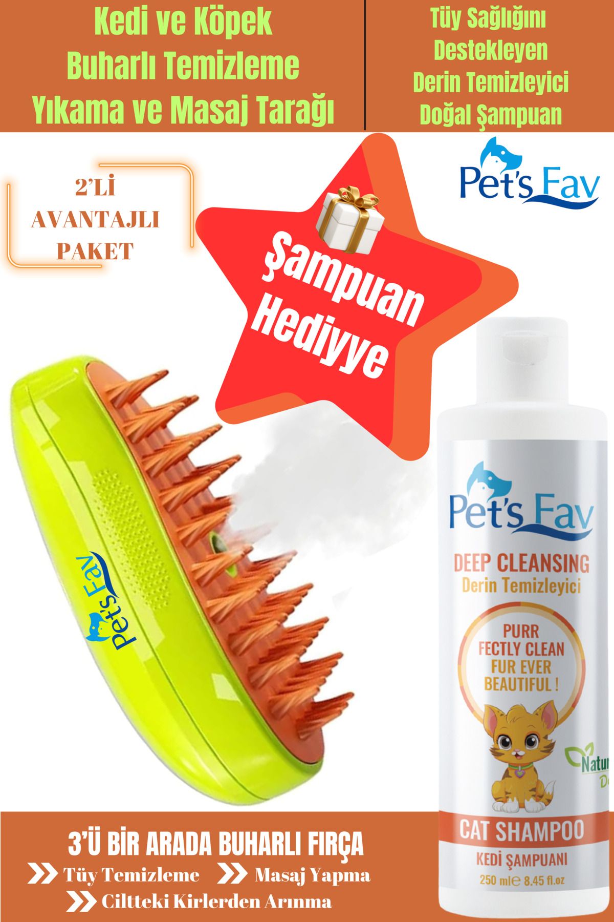 Pets Fav Buharlı Kedi ve Köpek Temizleme Yıkama Masaj Tarağı Fırçası ve Derin Temizleyici Kedi Şampuanı