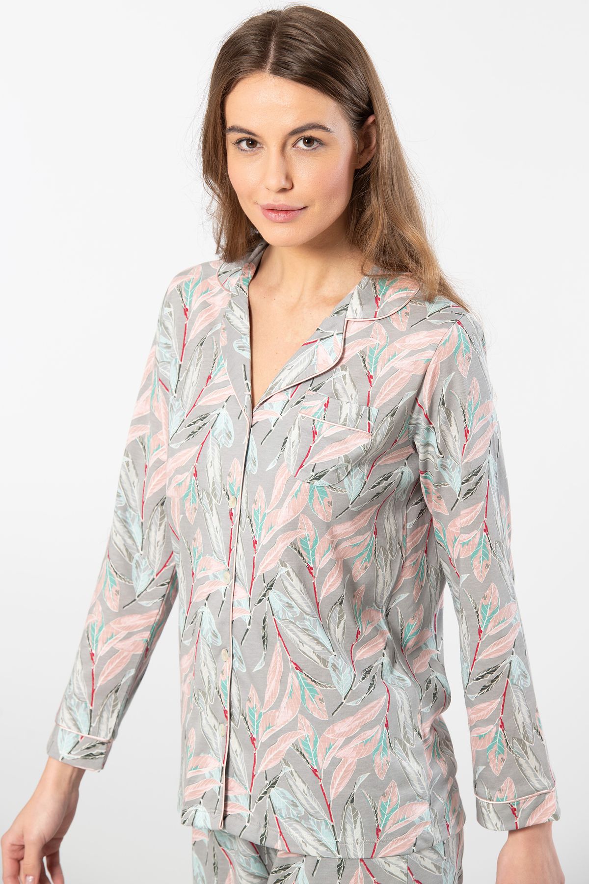 Türen 3394 Kadın Yapraklı Desenli Uzun Kollu Gömlek Yaka Pijama Takımı