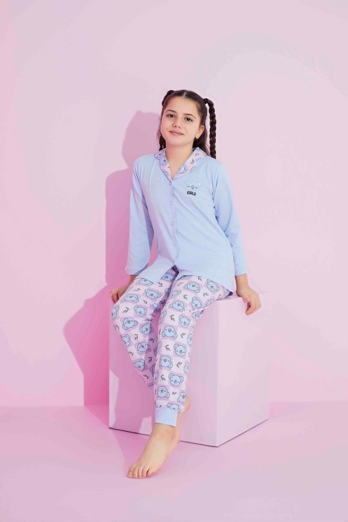 Tarık Kız Genç VE Çocuk Önden Düğmeli Uzun Kollu Likralı Penye Mevsimlik Pijama Takımı