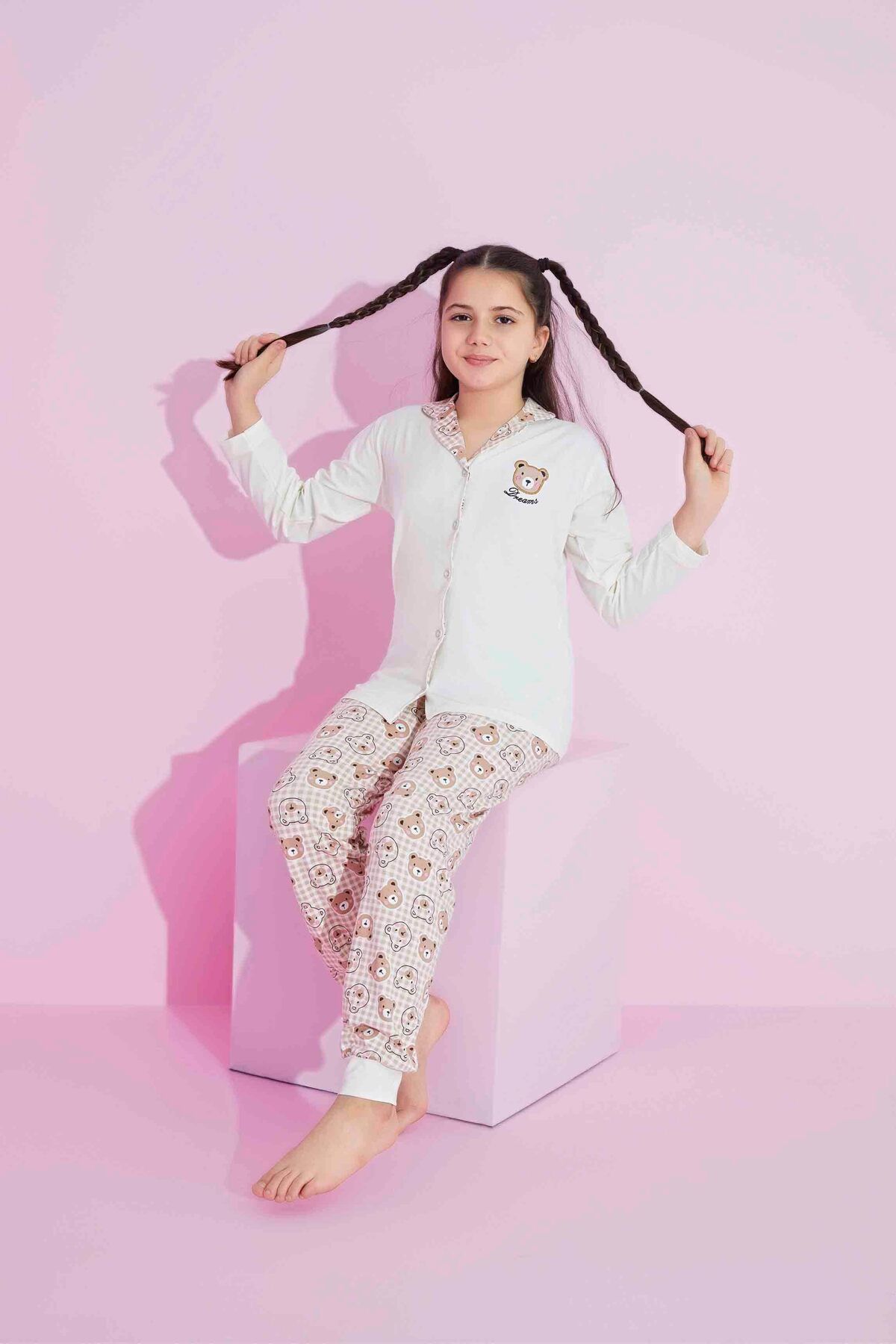Tarık Kız Genç VE Çocuk Önden Düğmeli Uzun Kollu Likralı Penye Mevsimlik Pijama Takımı