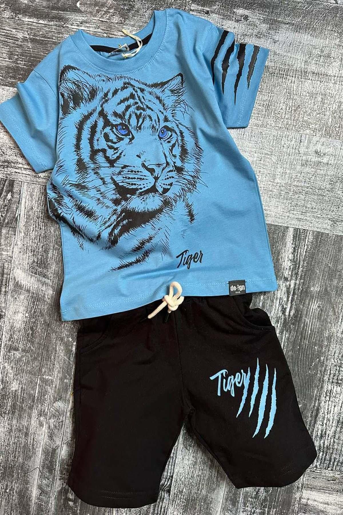 Riccotarz Erkek Çocuk Tiger Baskılı Mavi Tişört Şortlu Takım