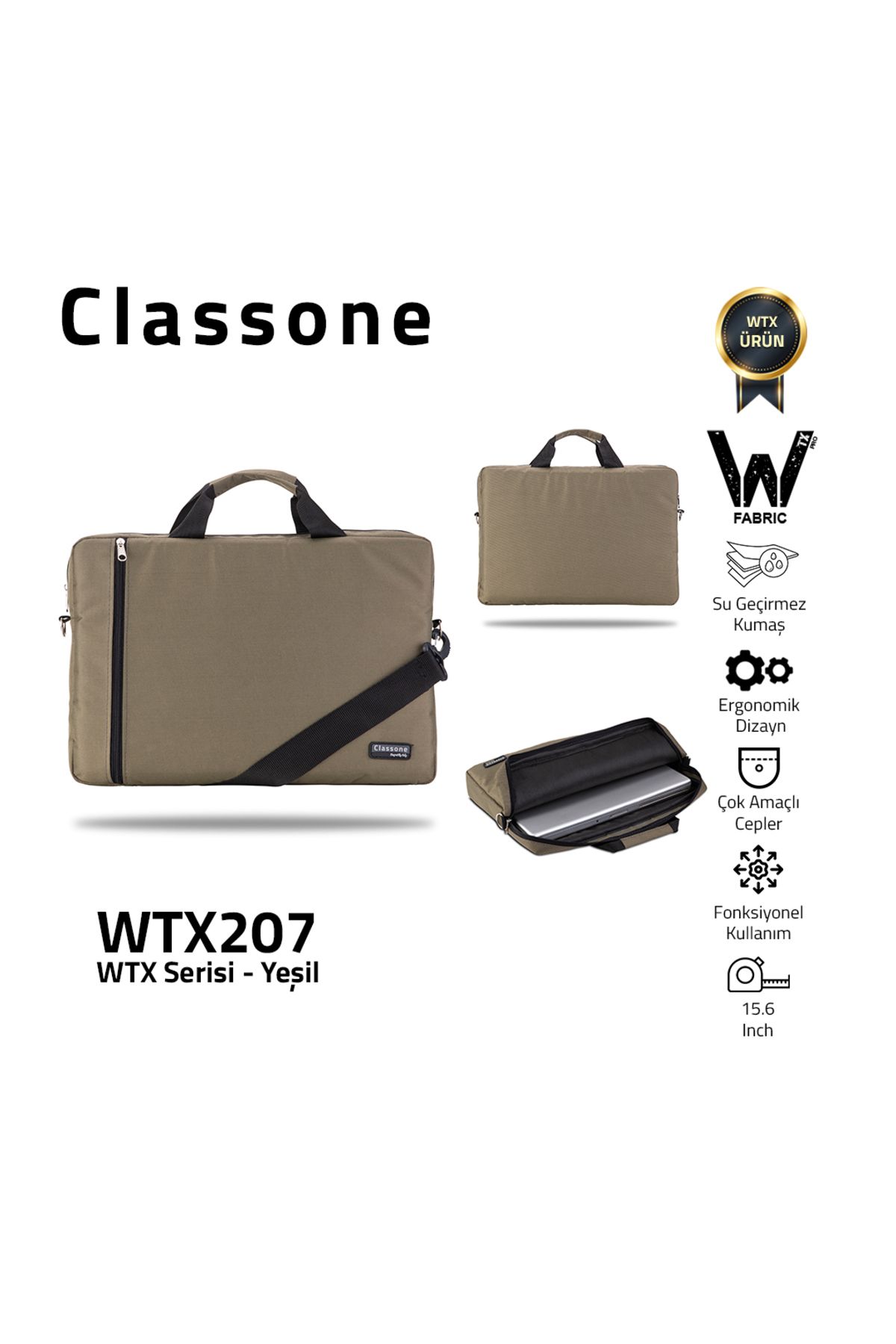 Classone Wtx207 Wtxpro Serisi Su Geçirmez Kumaş 15.6 Inch Macbook, Laptop , Notebook El Çantası- Yeşil