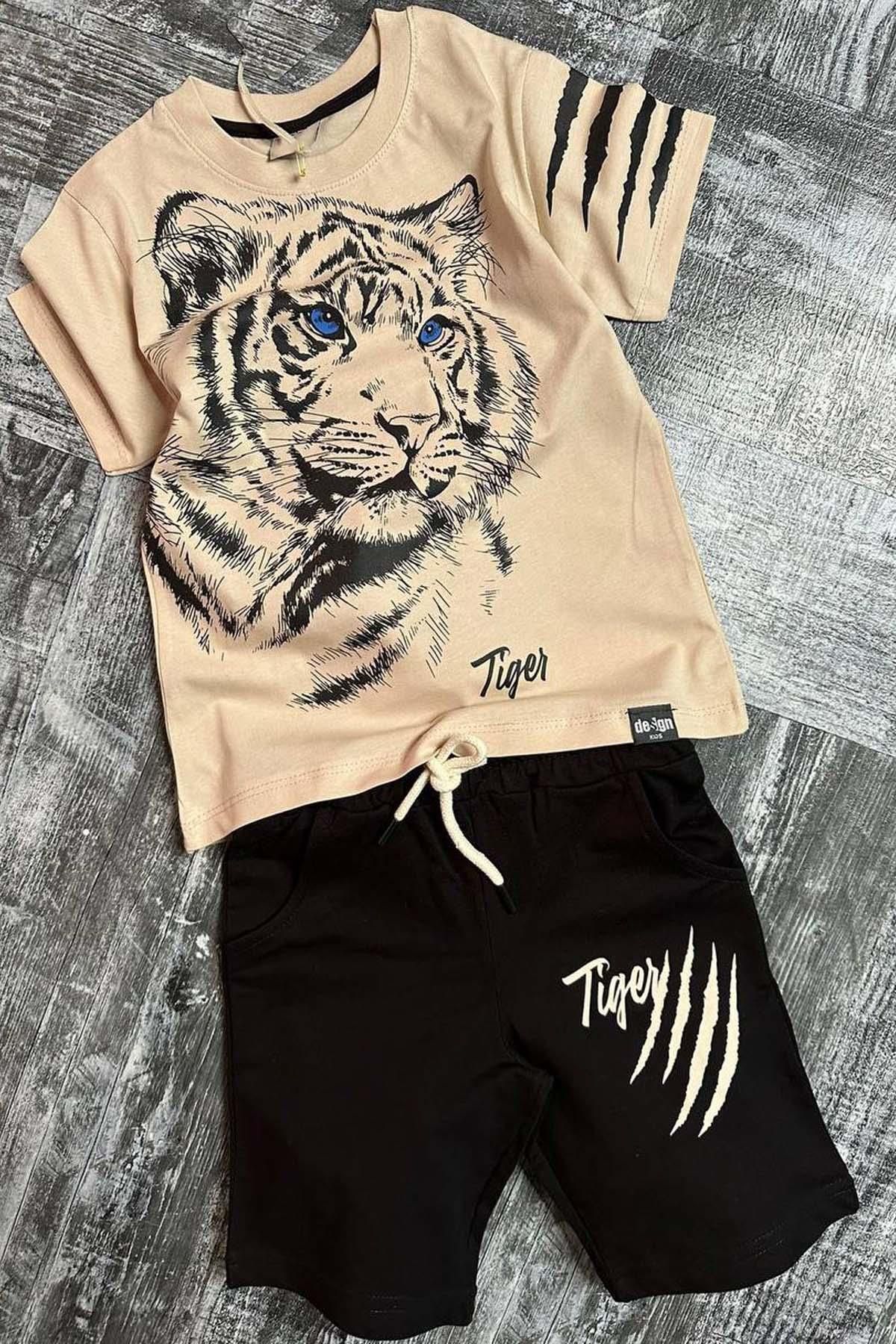 Riccotarz Erkek Çocuk Tiger Baskılı Krem Tişört Şortlu Takım