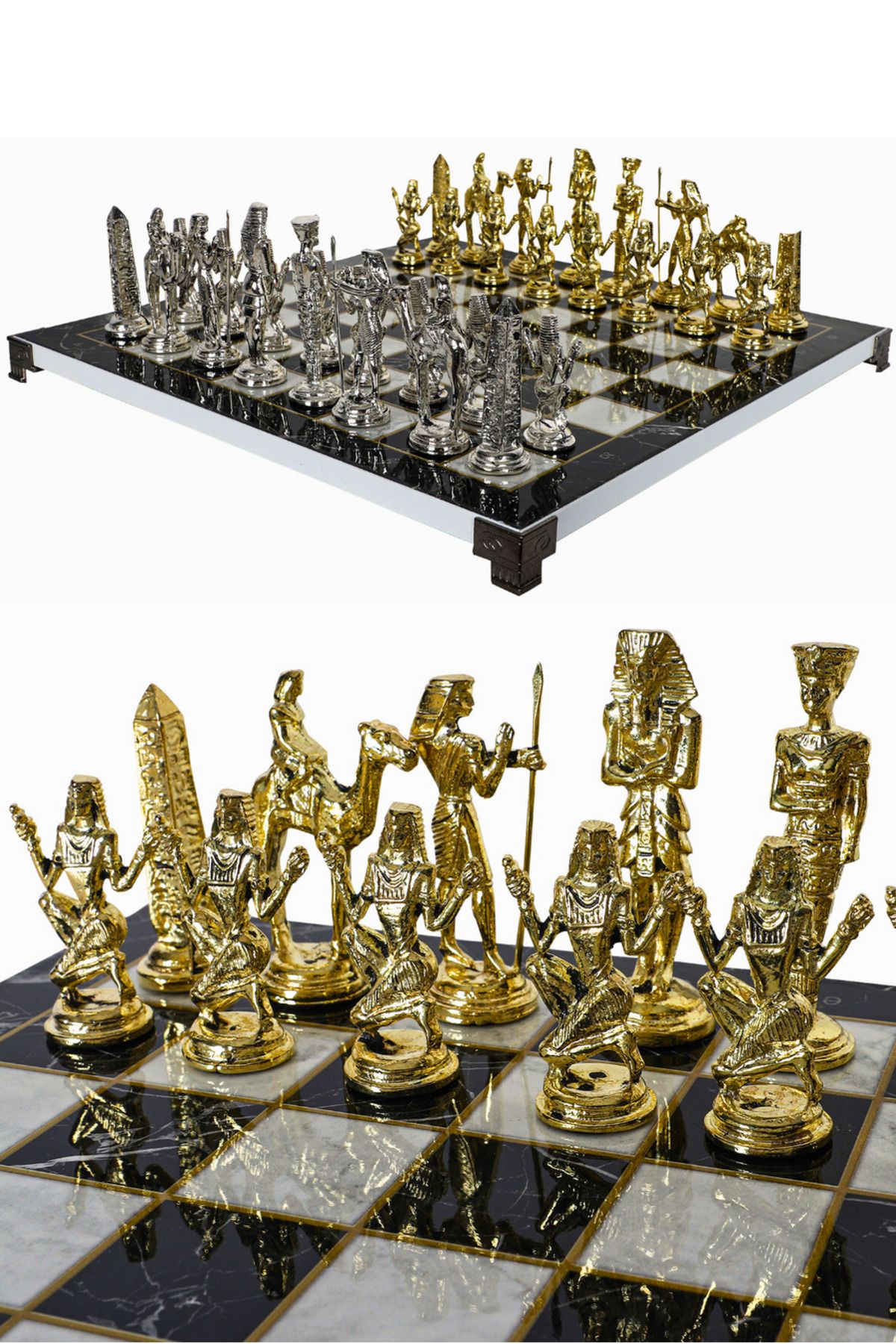 Cooper Chess Büyük Metal Satranç Takımı | 37cm Mermer Desen Satranç Tahtası | Antik Mısır Kleopatra Nefertiti