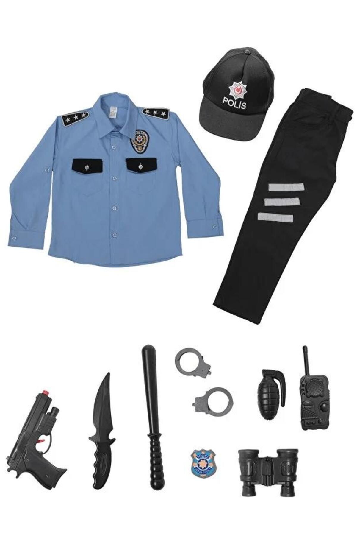 Mashotrend Polis Kostümü Alt Üst Gömlek + Şapka + Oyuncak Seti Çocuk Polis Kostümü - Çocuk Polis Kıyafeti