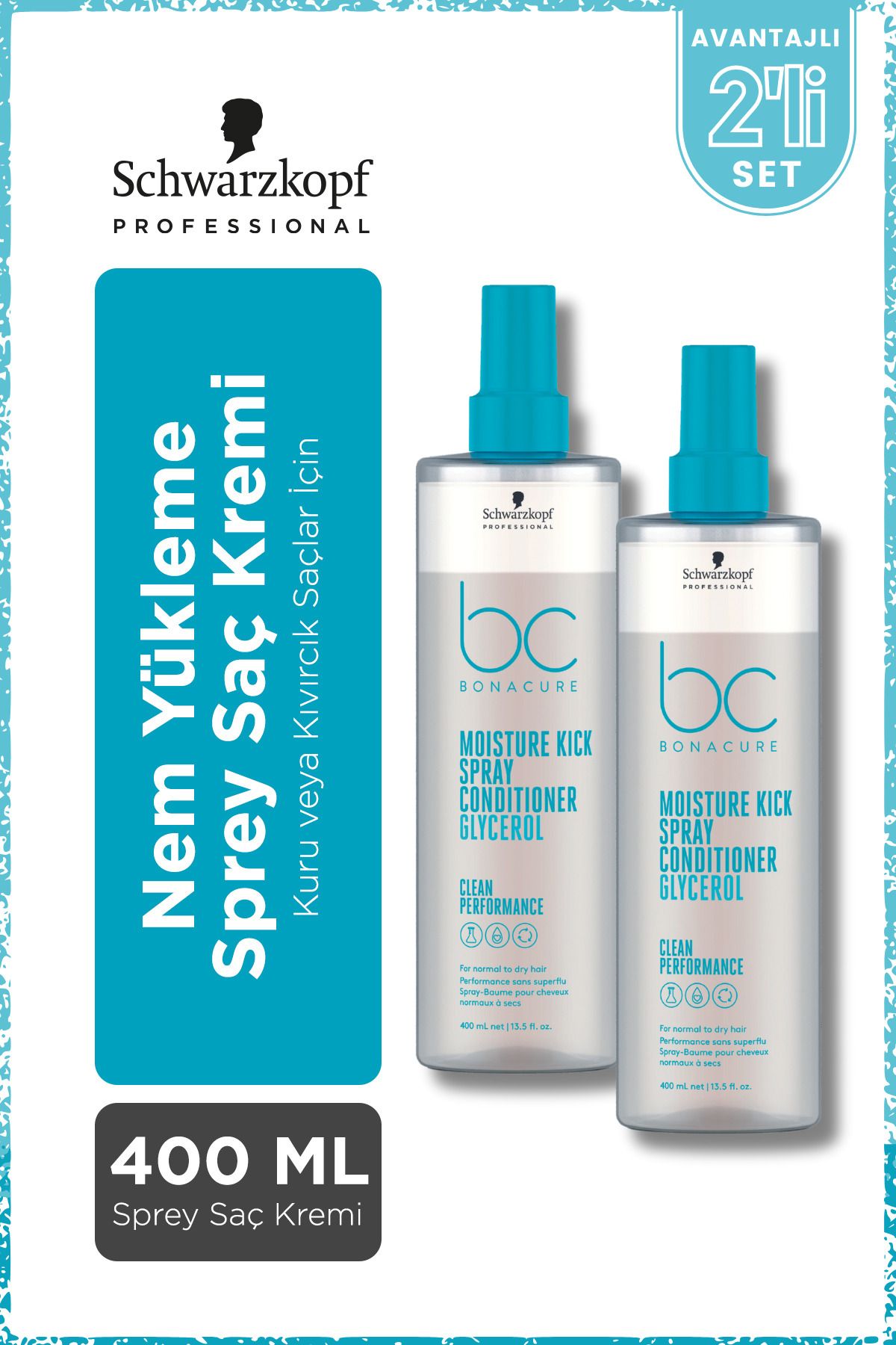 Bonacure BC Clean Nem Yükleme Sprey Saç Kremi 400ml x 2 Adet - Kuru ve Kıvırcık Saçlar İçin