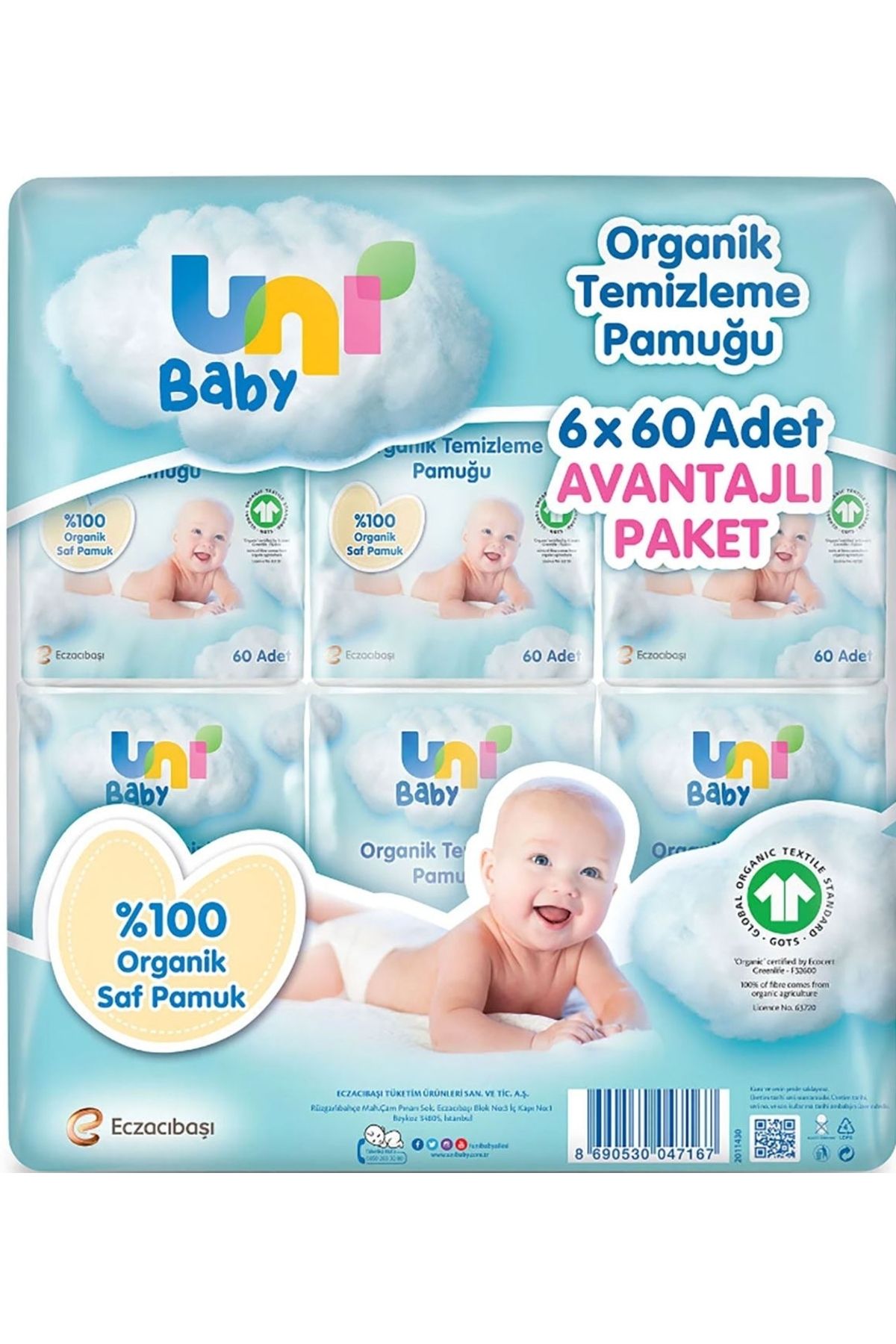 Uni Baby Bebek Temizleme Pamuğu 60 Lı X 6 Adet