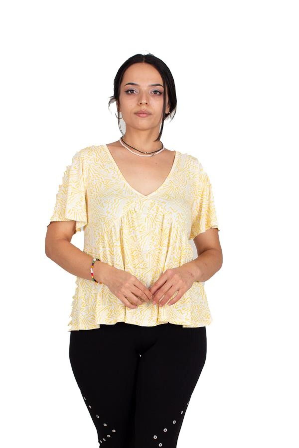 Truva XXL Büyük Beden Kadın Giyim Kruveze Yaka Bluz Sarı Bz846