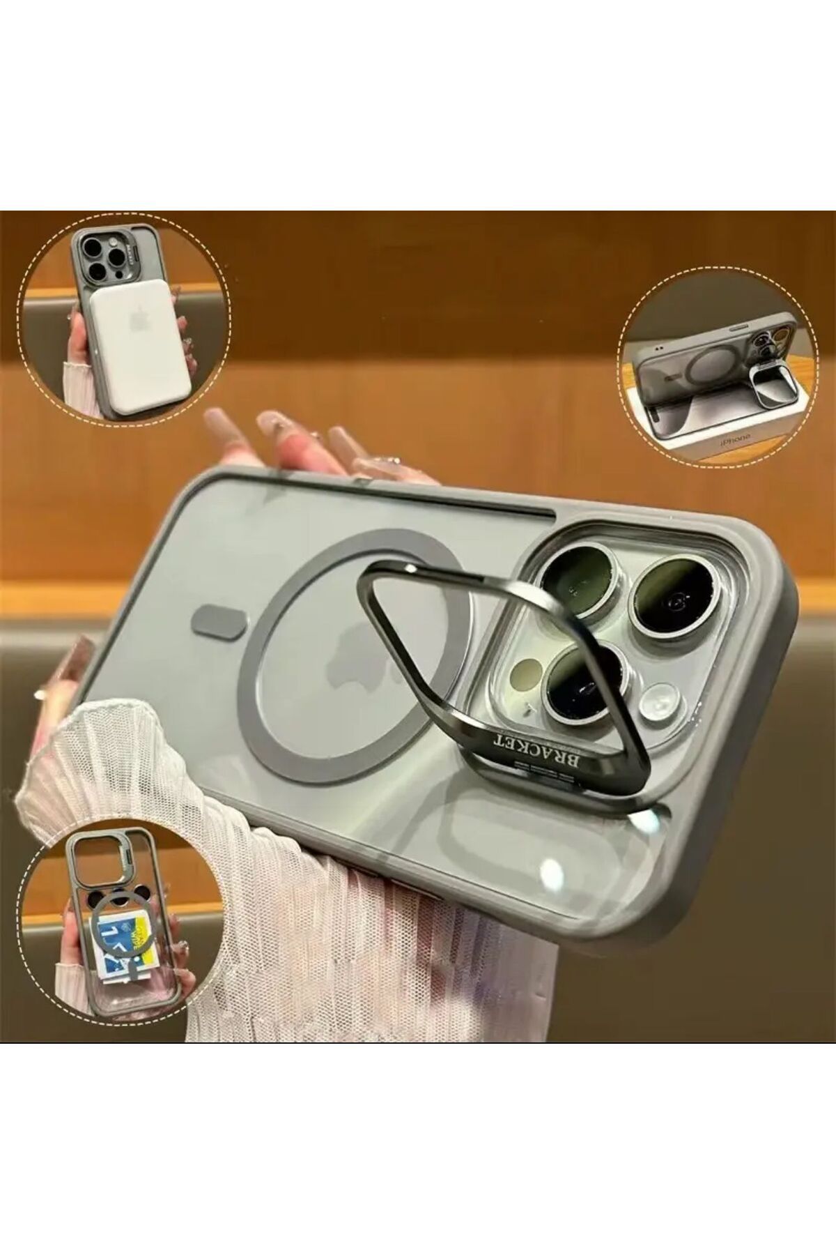 m.tk moveteck İphone 15 Pro Max Kılıf Magsafe Krom Mika Kapak Renkli Silikon +Lens Koruyucu Cam Set Kamera Standlı