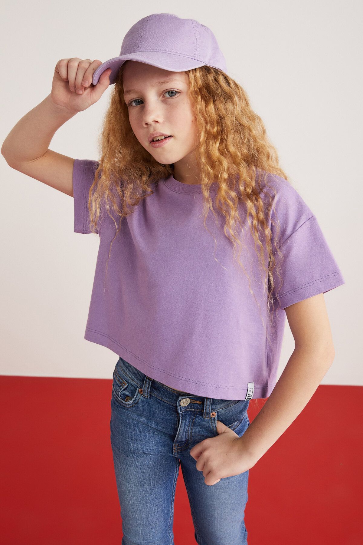 GRIMELANGE HEIDA-GRM24022- 100% pamuk süs etiletli kız çocuk kısa kollu tshirt çocuk tshirt Mor T-Shirt