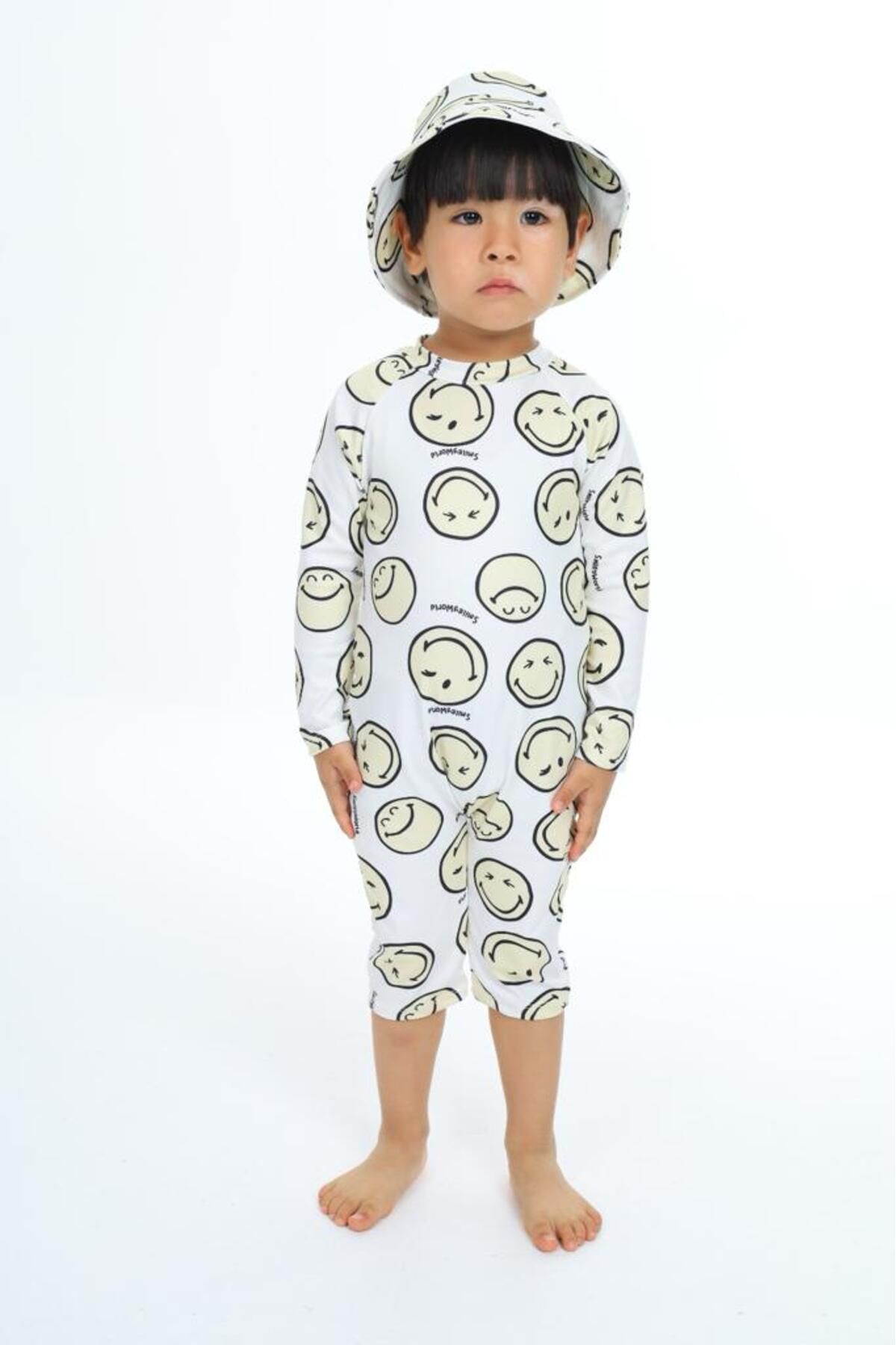 Lolliboomkids Unisex Bebek - Çocuk Mayo Tam Vücut Güneş Koruma Hassas Ten Emoji Smile Desen Mayo Şapka Hediyeli