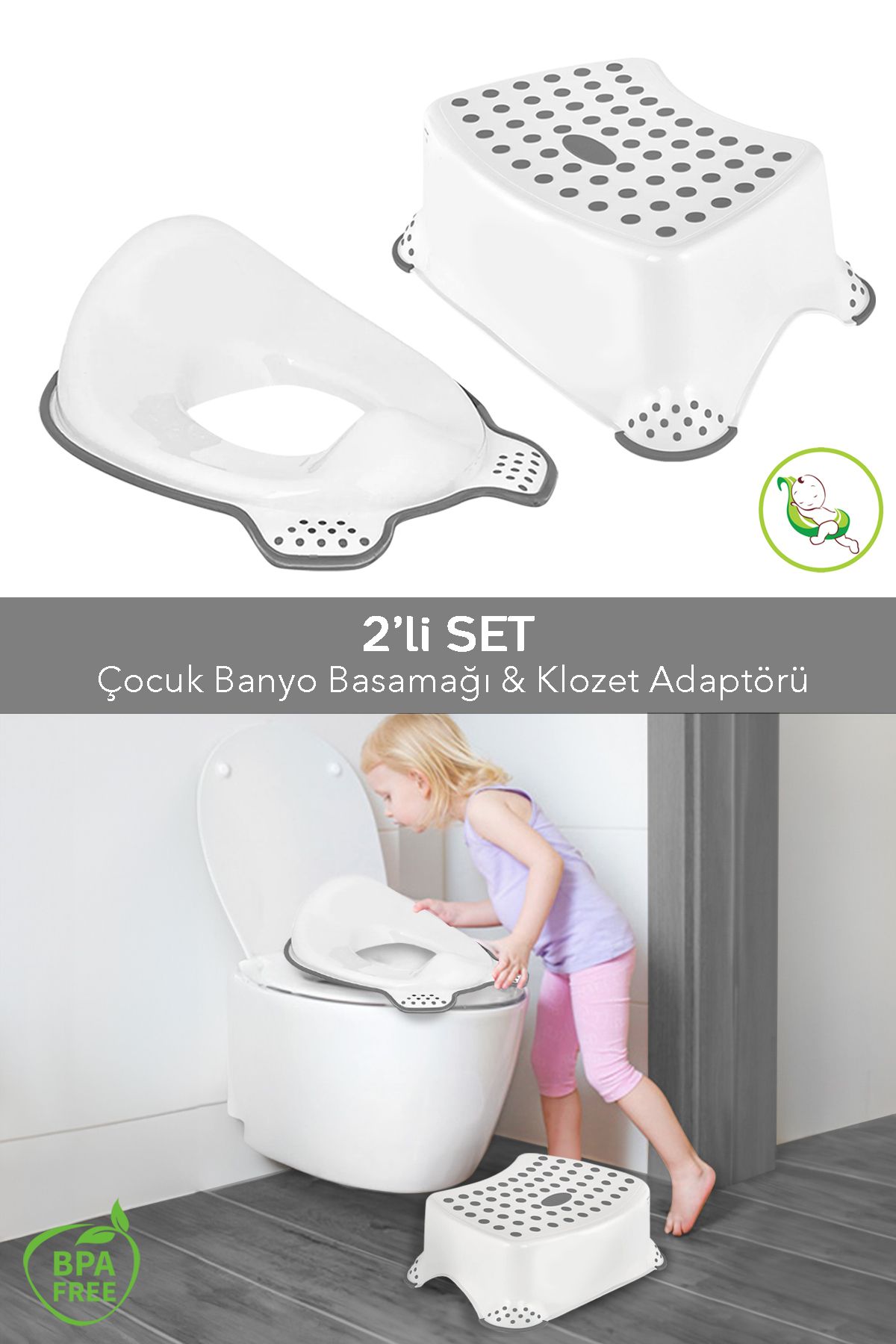 Meleni Baby 2'li Çocuk Tuvalet Alıştırma Seti - Klozet Adaptörü - Çocuk Banyo Lavabo Basamağı Kaydırmaz Tabure