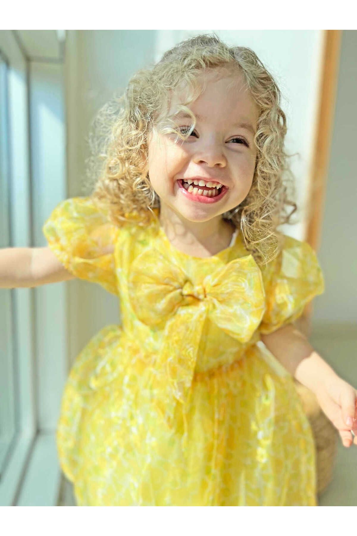 Little Honey Bunnies Limon Desenli Sarı Balon Kol Fiyonklu Kısa Kol Kız Çocuk Organze Elbise