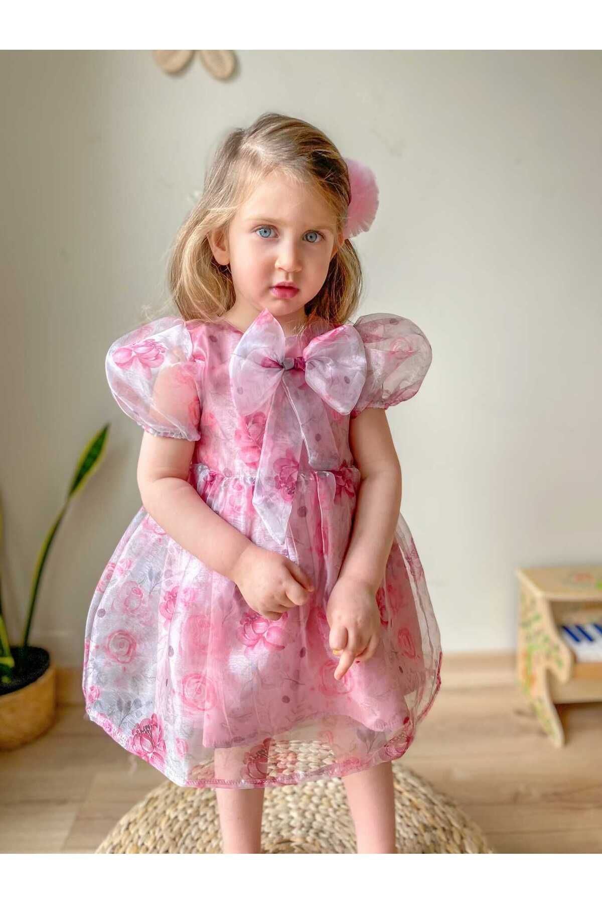 Little Honey Bunnies Pembe Balon Kol Fiyonklu Kısa Kol Kız Çocuk Organze Elbise