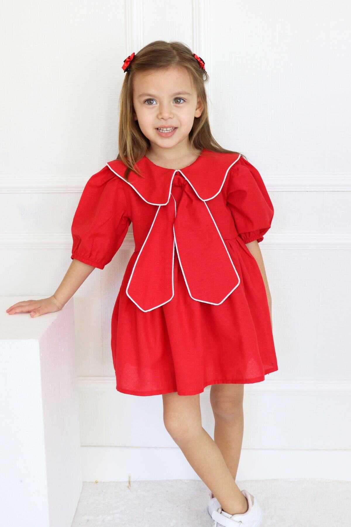 Little Honey Bunnies Kırmızı Bahriye Yaka Detaylı Fiyonk Kız Çocuk Elbise
